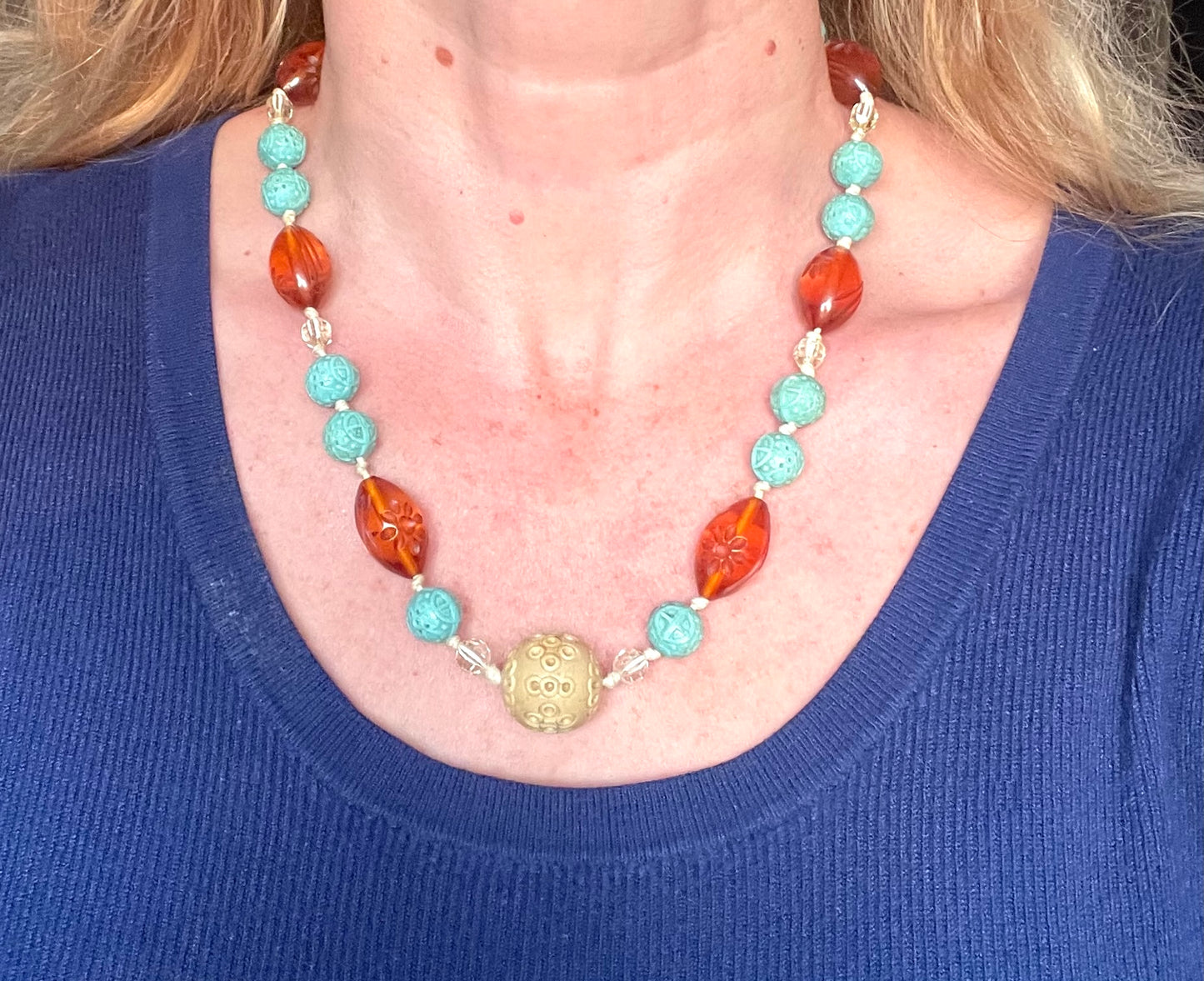 Vintage Art Deco moulded glass and carved cream galalith large bead necklace, pale blue, clear and citrine yellow / orange glass