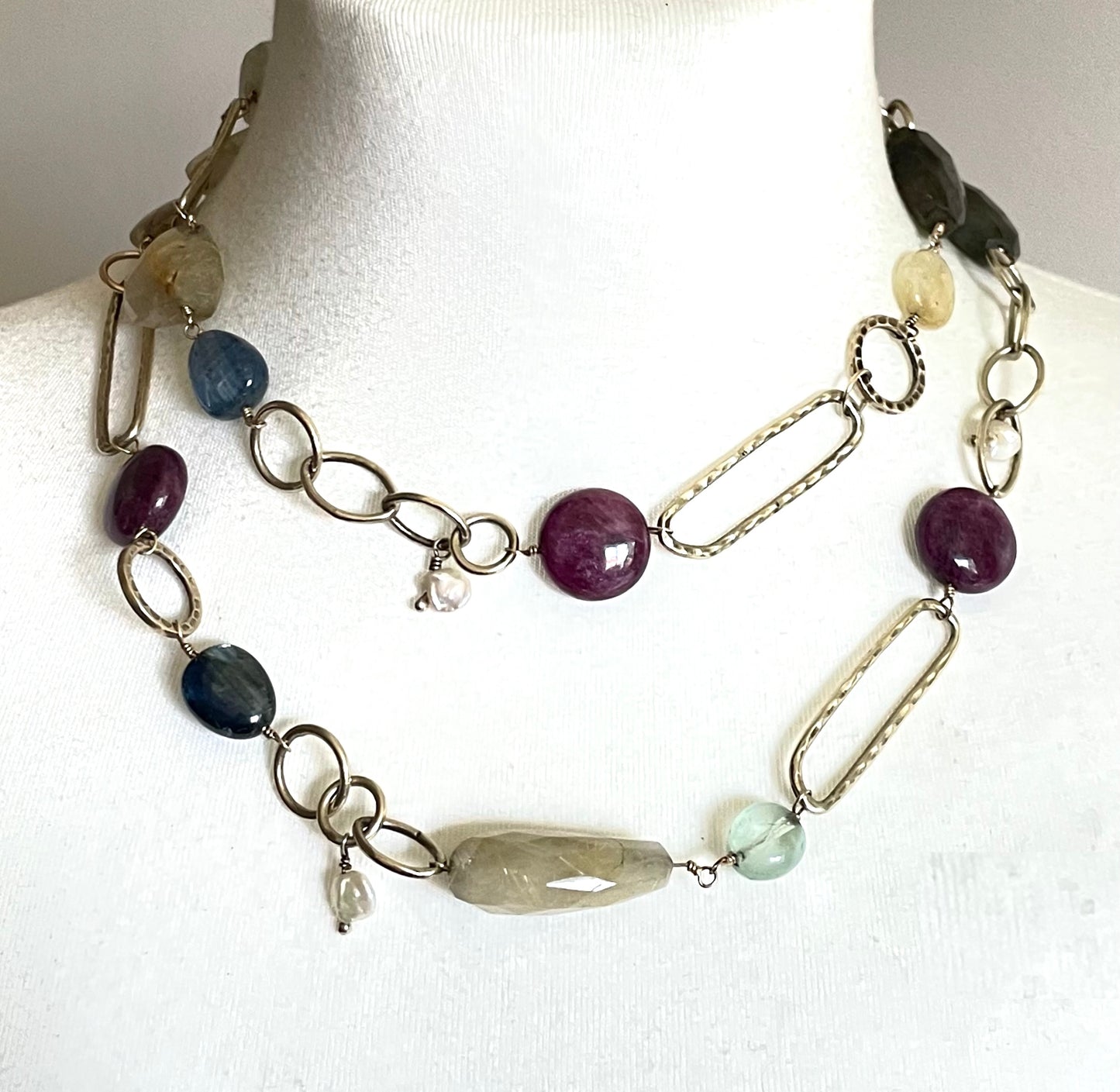 Signed Monica Vinader heavy sterling silver vermeil chunky hammered link long necklace with lots of semi-precious gemstone beads, 81 grams