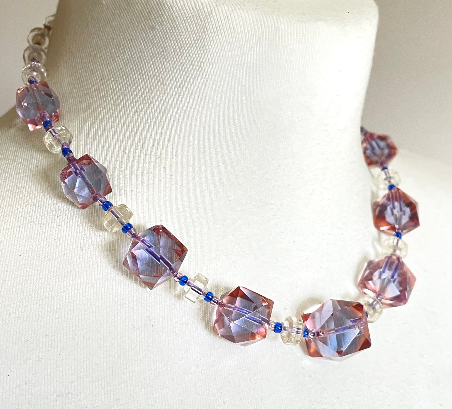 Vintage bi-colour Art Deco large graduated crystal bead pink and blue necklace, stunning bi-tonal Czech crystal beads