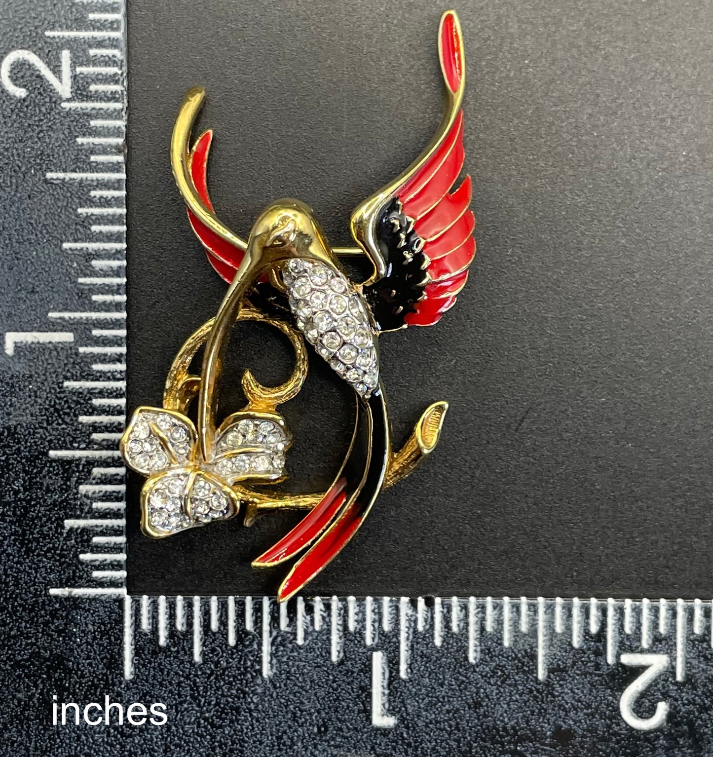 Vintage Attwood and Sawyer hummingbird brooch, 22ct gold plated, red and black enamel and rhinestone, signed A&S