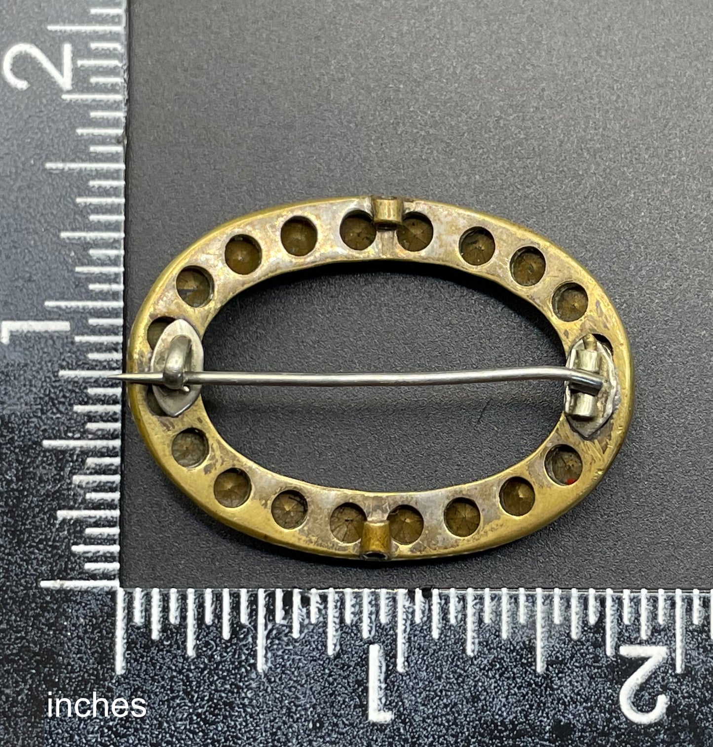 Antique Georgian to Victorian gold tone brass and clear paste rhinestone oval converted buckle brooch