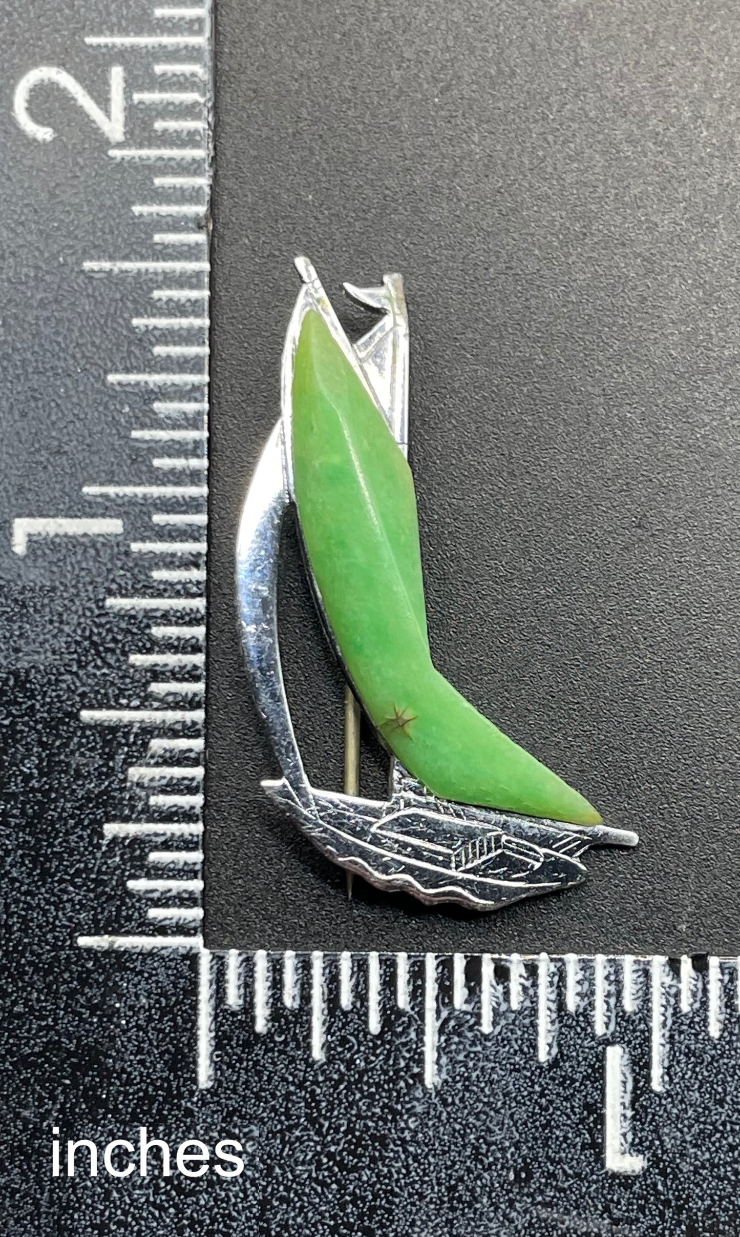 Pair of vintage Jakob Bengel yacht / sail boat brooches - Art Deco 1930s machine age, green galalith and engraved chrome, read for condition