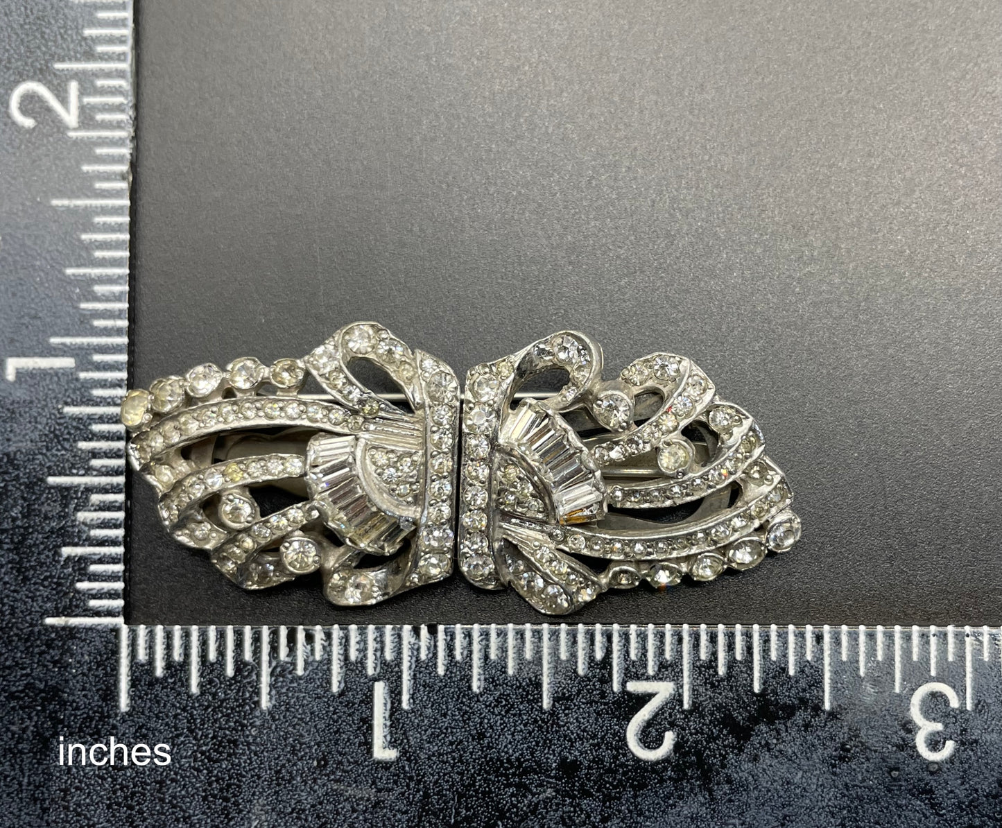 Vintage Art Deco clear rhinestone paste and silver tone duette - a brooch that is convertible into two dress clips