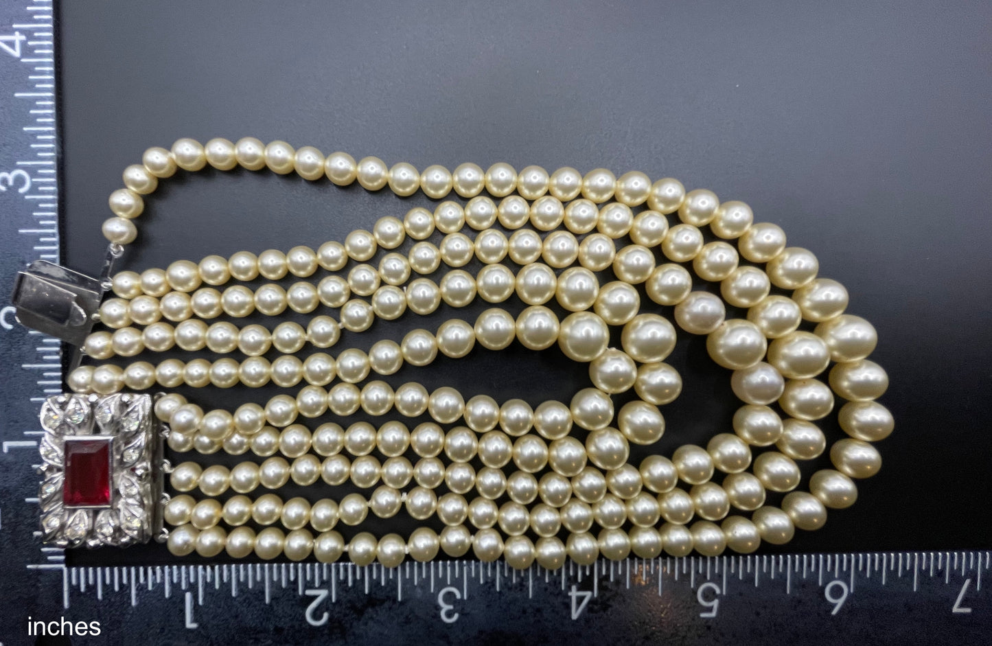 Vintage five strand glass pearl necklace (or bracelet) with double ornate ruby red & clear rhinestone side clasps, graduated glass pearls