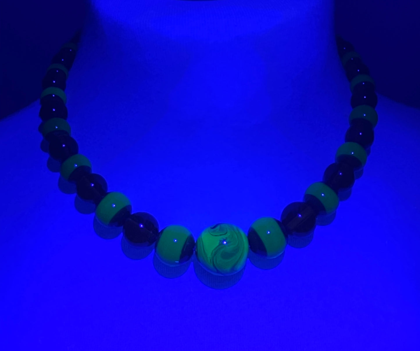 Vintage Louis Rousselet uranium glass Art Deco necklace on foxtail chain - cats' eye UV sensitive and transparent orange beads