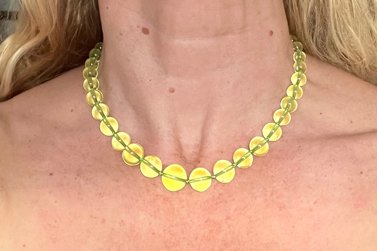 Vintage uranium glass round bead graduated Art Deco necklace - fabulous beads that glow under UV light, individually hand-knotted
