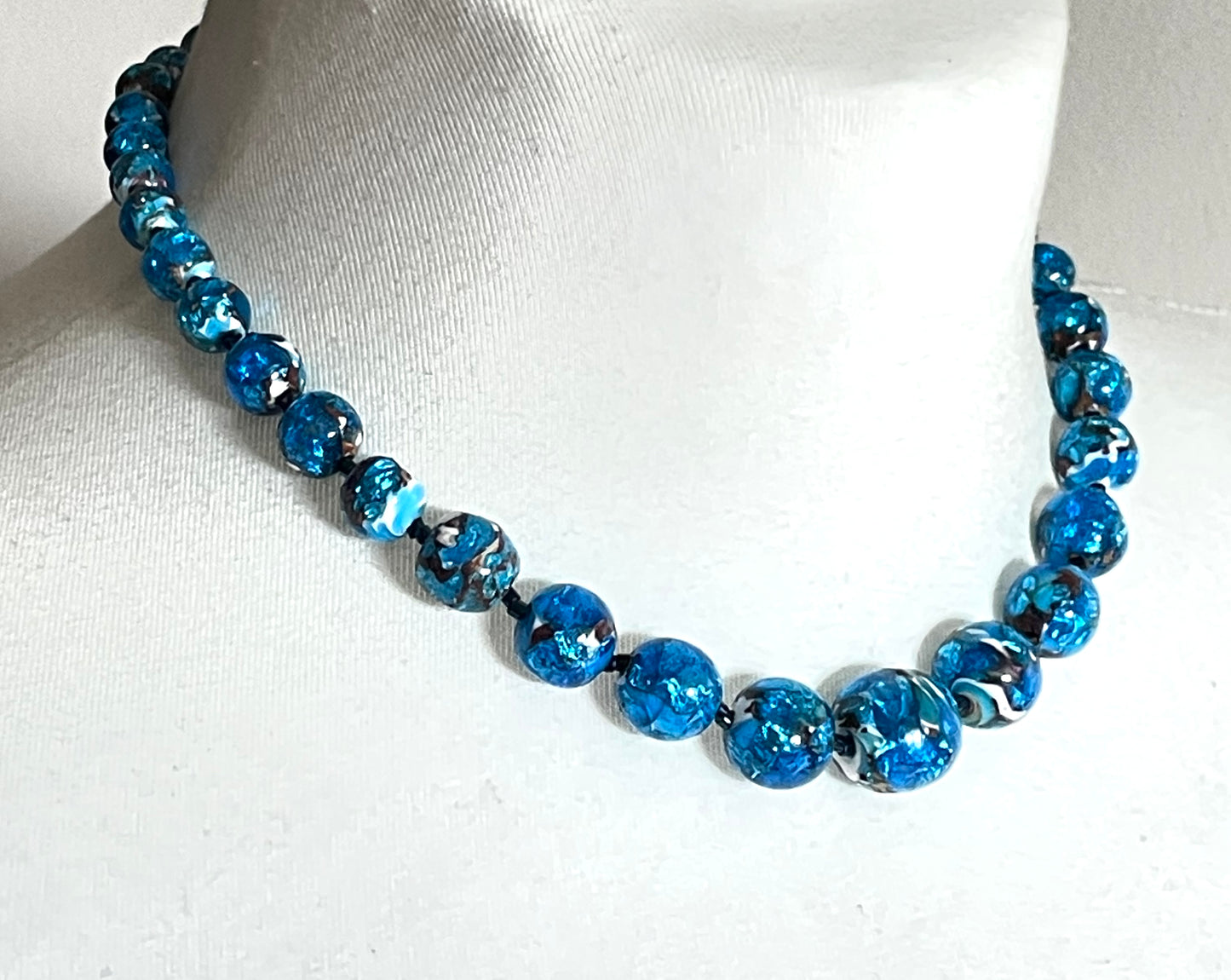 Vintage Art Deco bright blue, white, black and silver foiled glass beaded necklace, beautiful beads