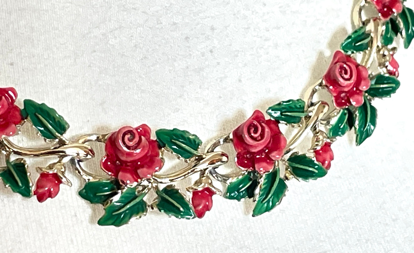 Vintage signed Exquisite rose necklace, birthday flower series, pale gold tone, hand-painted enamel, month of June, excellent condition