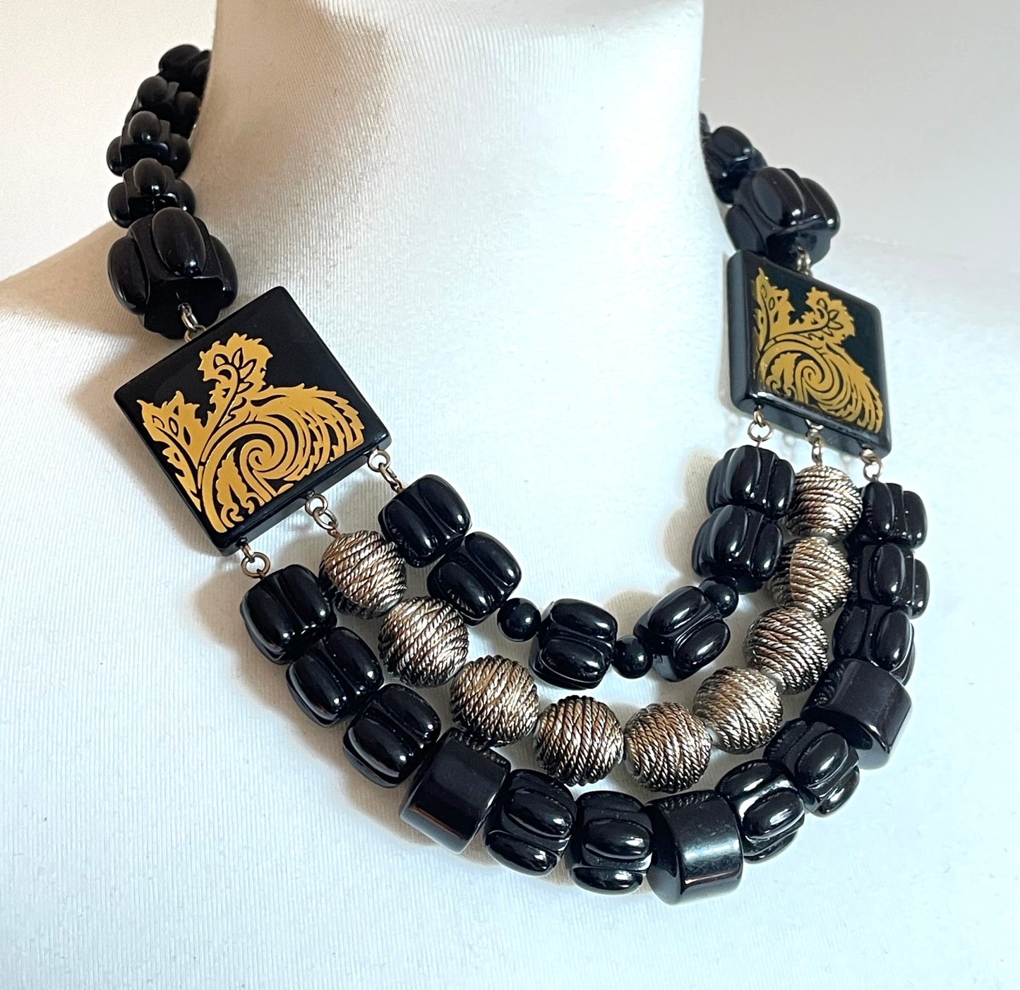 Vintage Christian Dior unsigned 1950s couture chunky early plastic and lucite black and gold beaded triple strand bib necklace