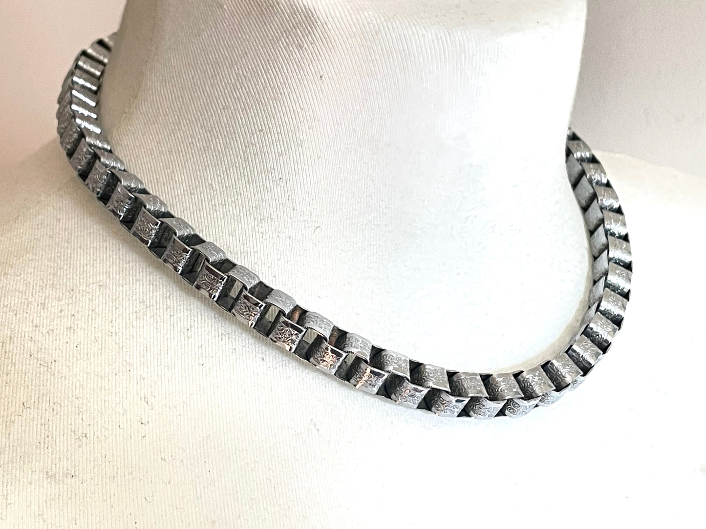 Vintage Jakob Bengel Art Deco machine age chrome ornate chunky box chain necklace from the 1930s
