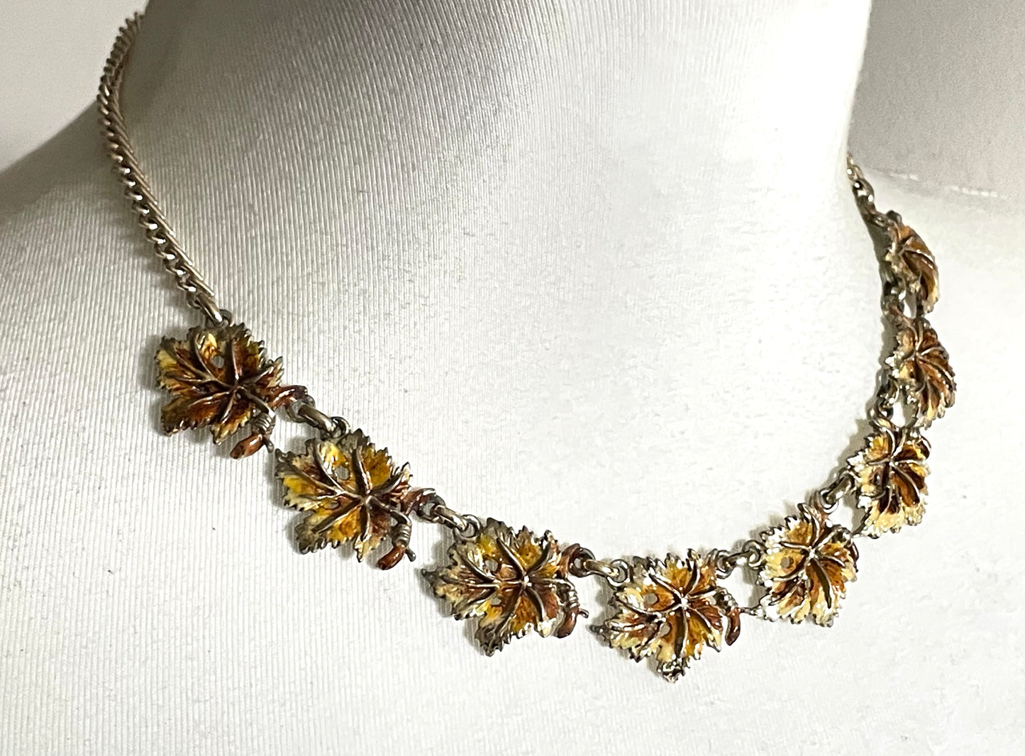Vintage Exquisite vine leaf collectable necklace and large brooch set, tree / birthday series, pale gold tone with hand-painted enamel