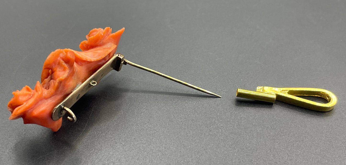 Antique Victorian carved coral and yellow metal rose flower design brooch (with pendant converter), possibly unmarked gold pin, 11 grams