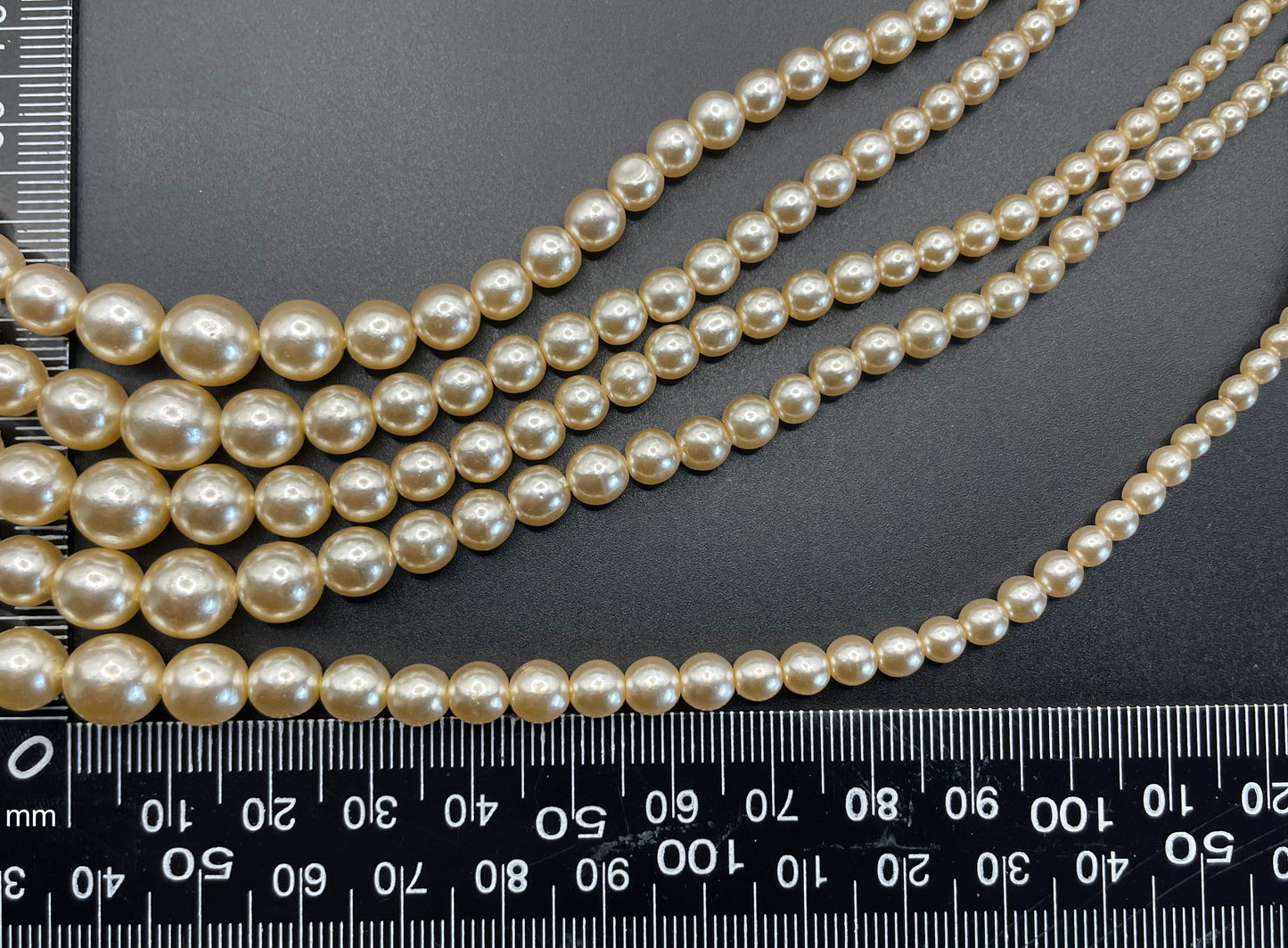 Vintage five strand glass faux pearl necklace with ornate clear rhinestone box clasp, graduated glass pearls (Copy)