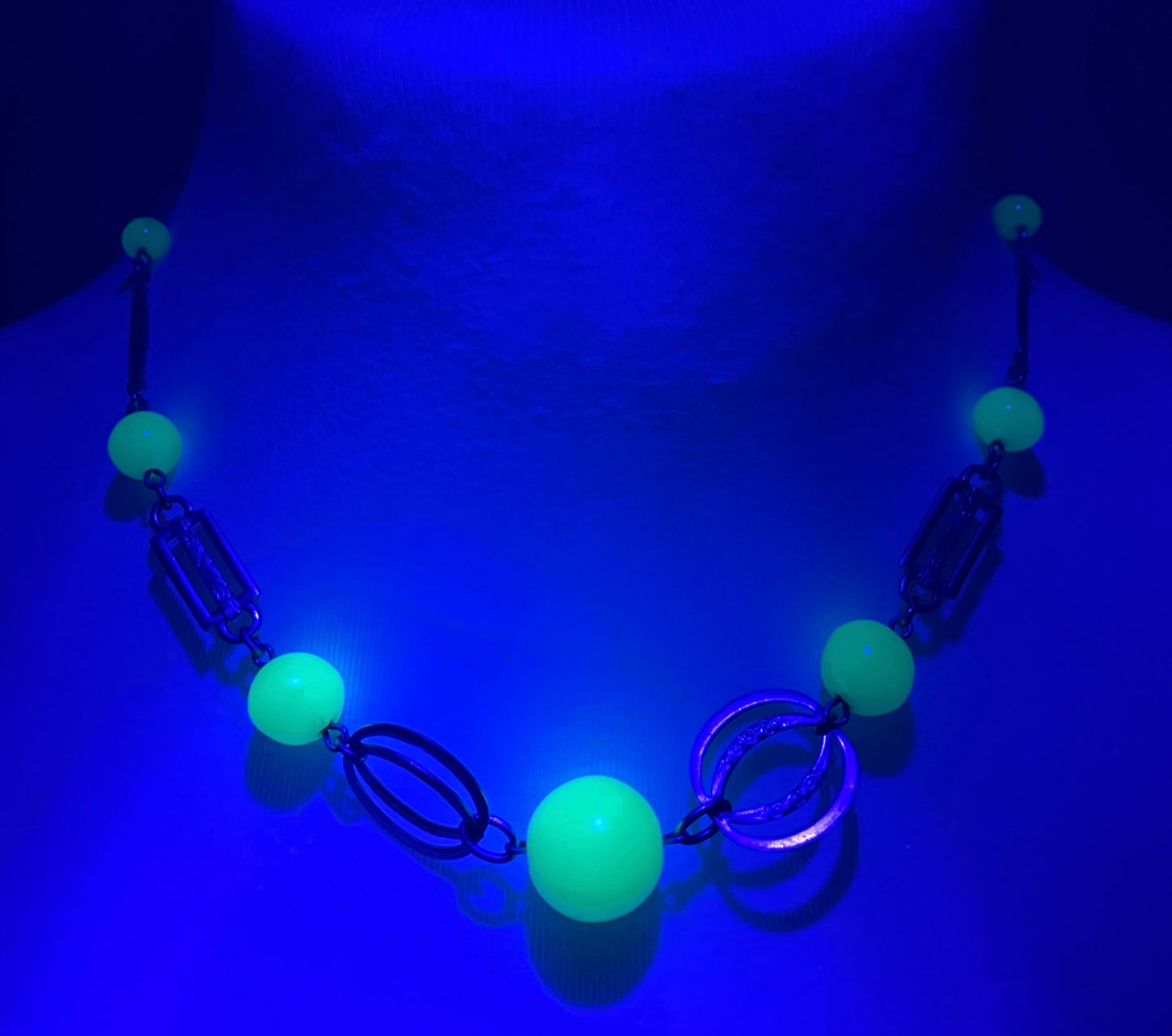 Vintage Art Deco machine age green uranium glass bead, chrome and filigree necklace, Jakob Bengel