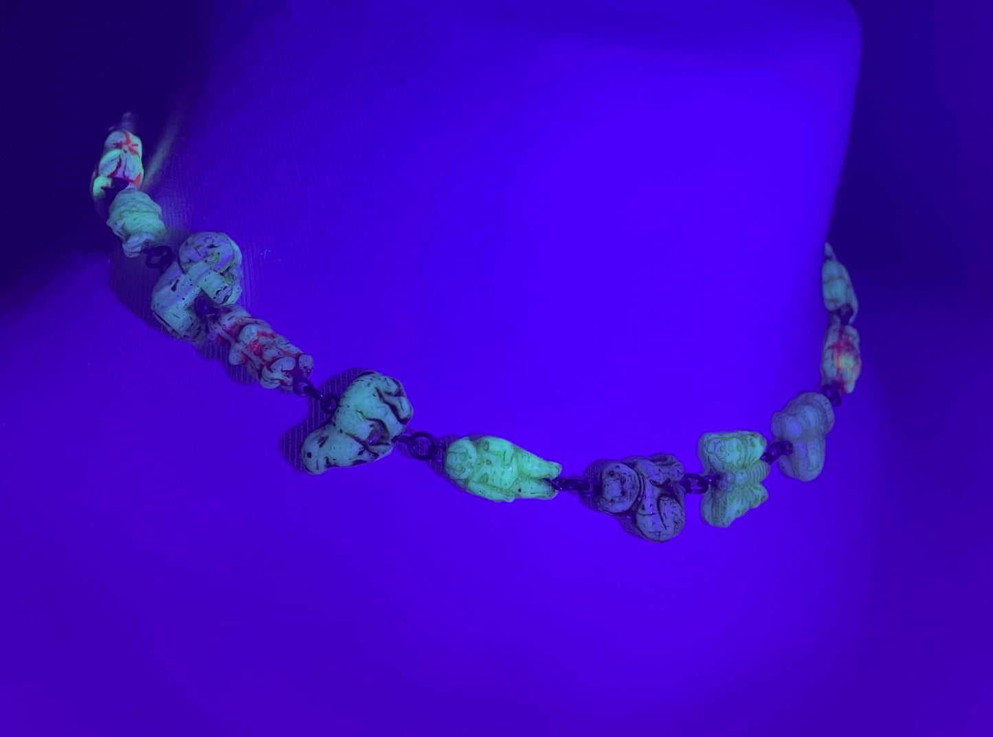 Vintage moulded 'custard' glass animal, bird, butterfly, fish & people shaped beaded necklace, rare Czech pressed glass with UV sensitivity