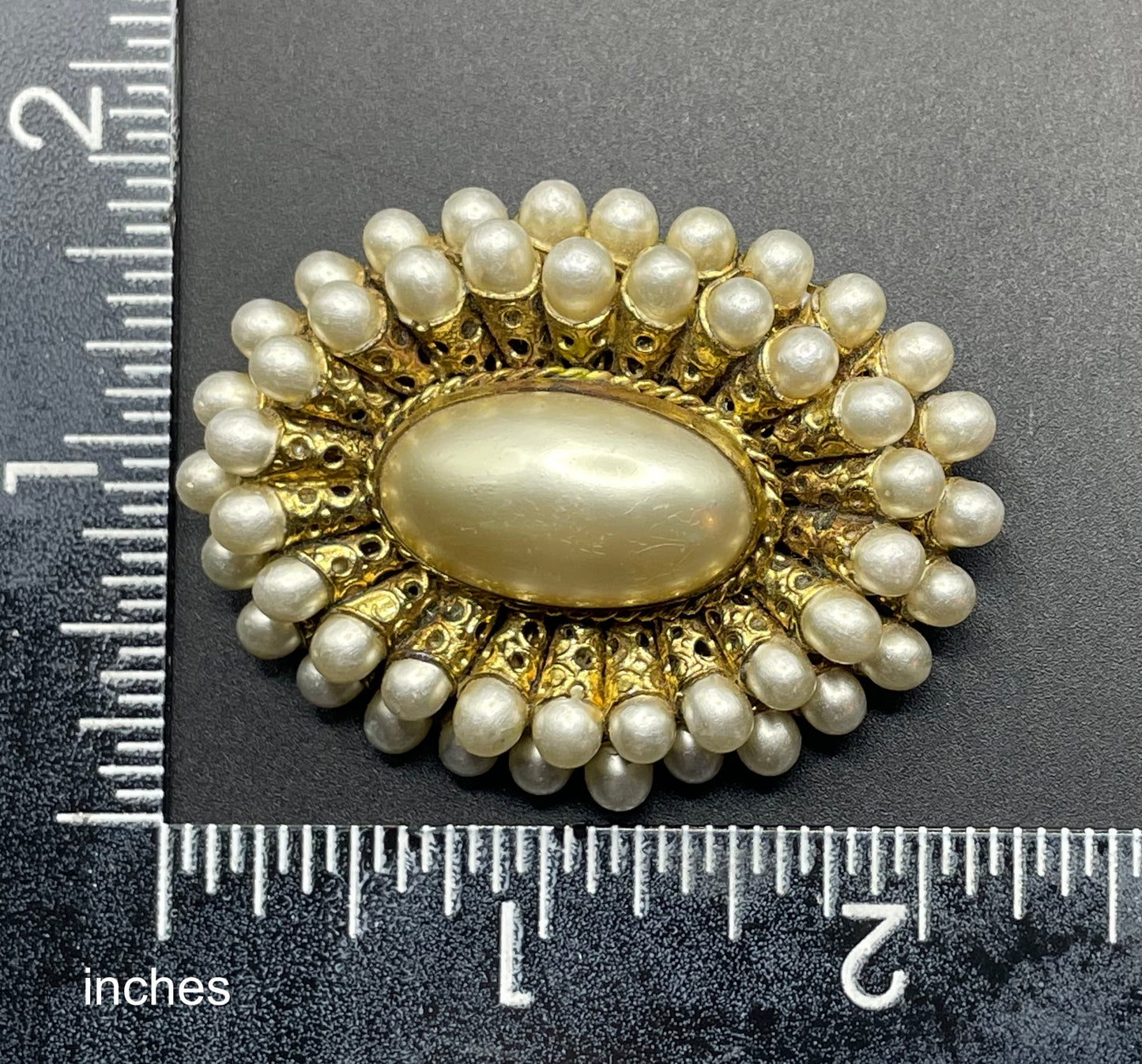 Large vintage Max Neiger ? Art Deco brooch with glass faux pearls gold tone filigree horn shaped settings, possibly Neiger brothers