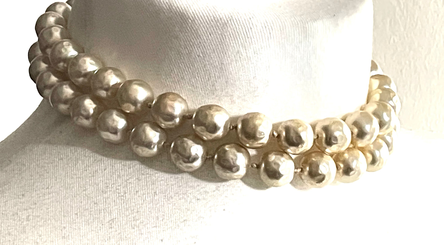 Vintage possible Louis Rousselet baroque faux pearl double stranded choker necklace, heavy cream coloured glass pearls, hand-knotted