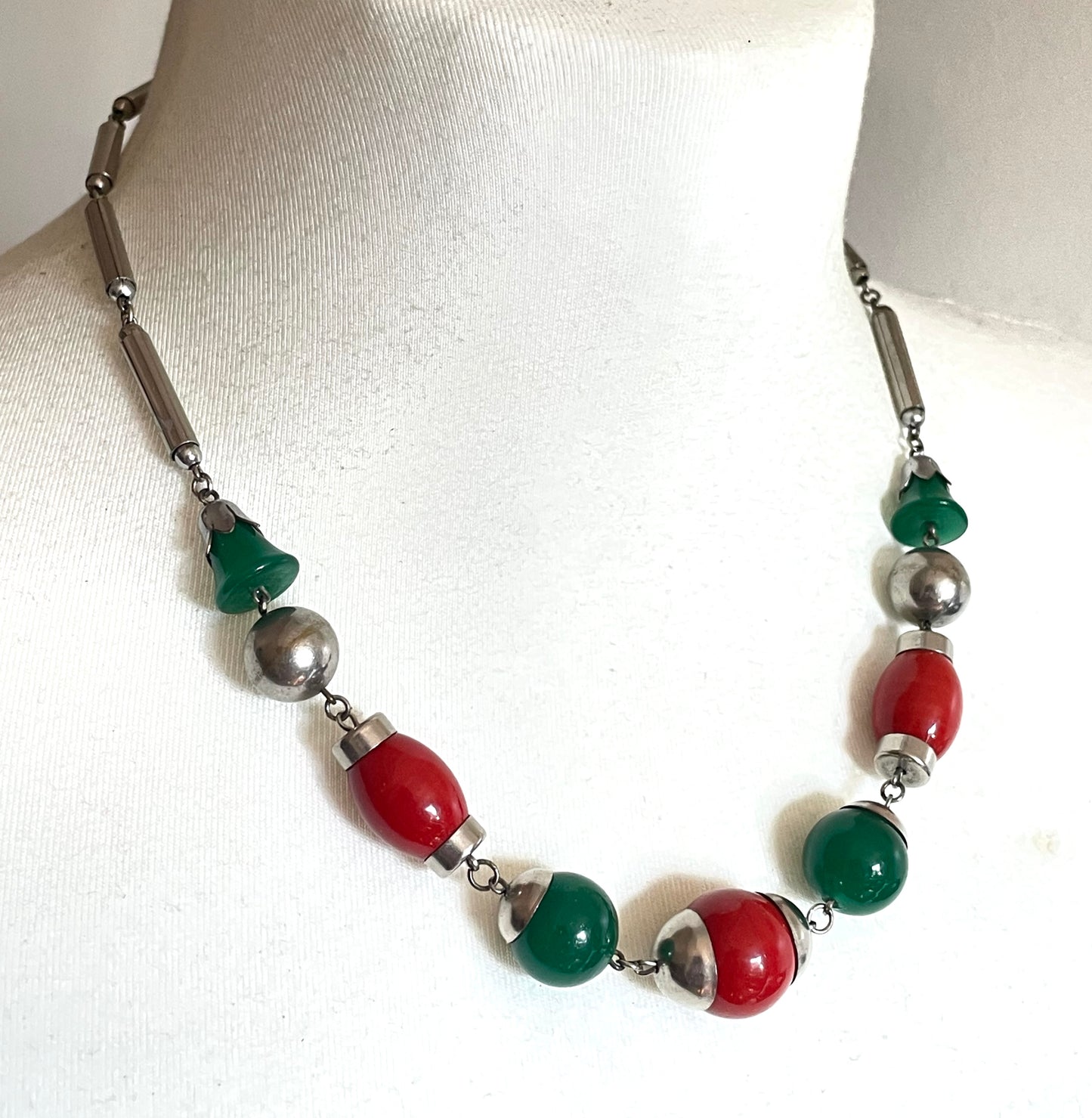 Vintage Art Deco Jakob Bengel attributed machine age chrome with green jade effect and orange / red glass bead chunky statement necklace