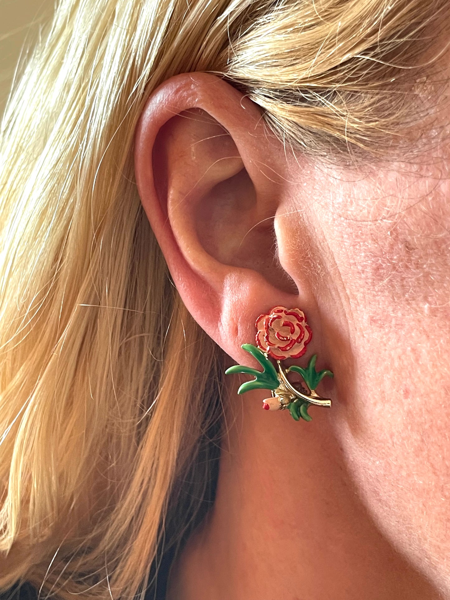 Vintage signed Exquisite carnation clip earrings, birthday flower series, pale gold tone, hand-painted enamel, month of October