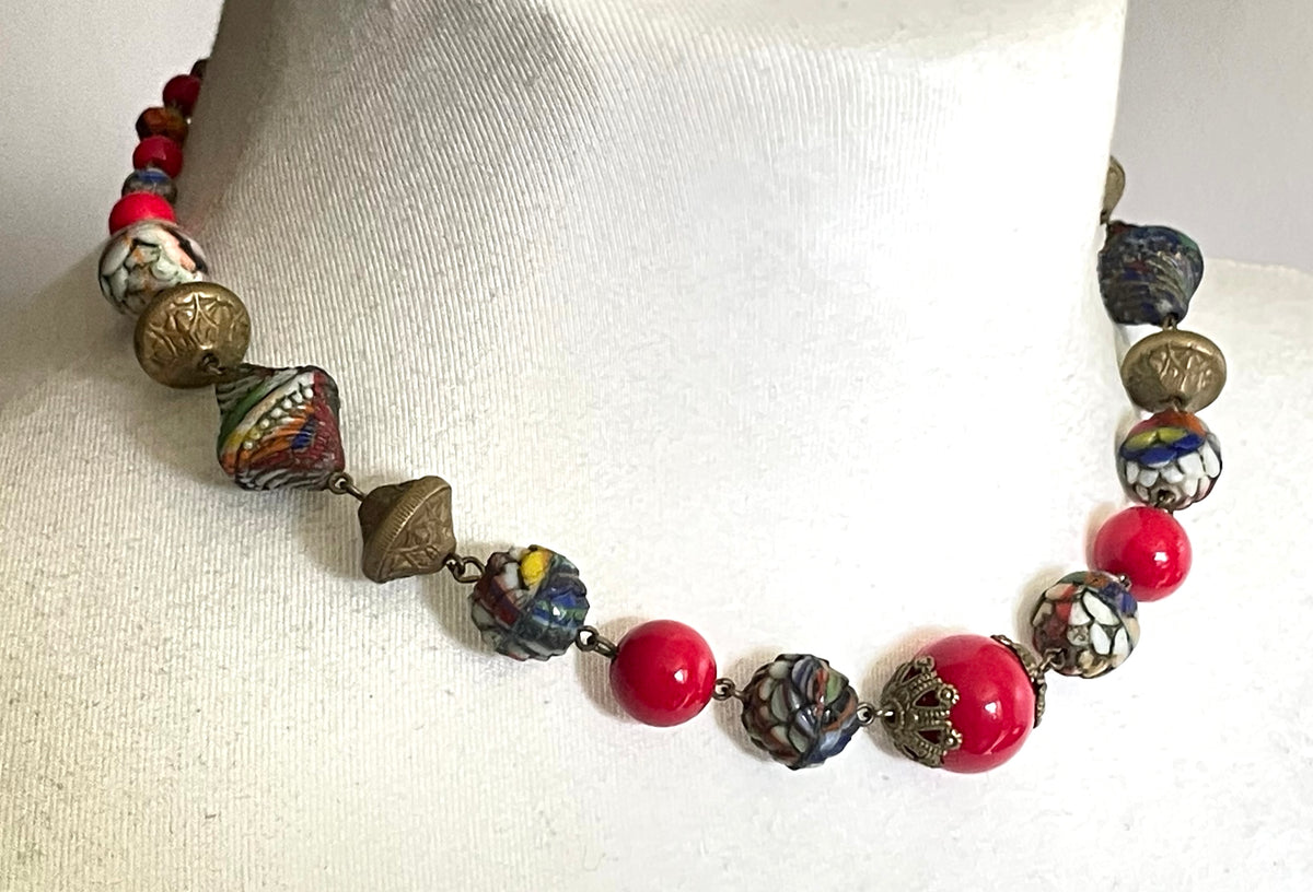 Vintage Art Deco Czech colourful glass bead necklace with beautiful multi-coloured moulded glass beads and gold tone filigree