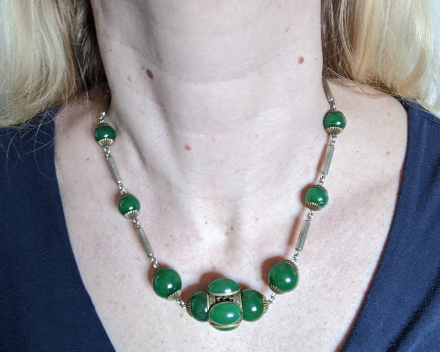 Vintage Art Deco heavy green glass bead and collet set cabochon Czech Neiger brothers or French necklace - fabulous large 3D centrepiece