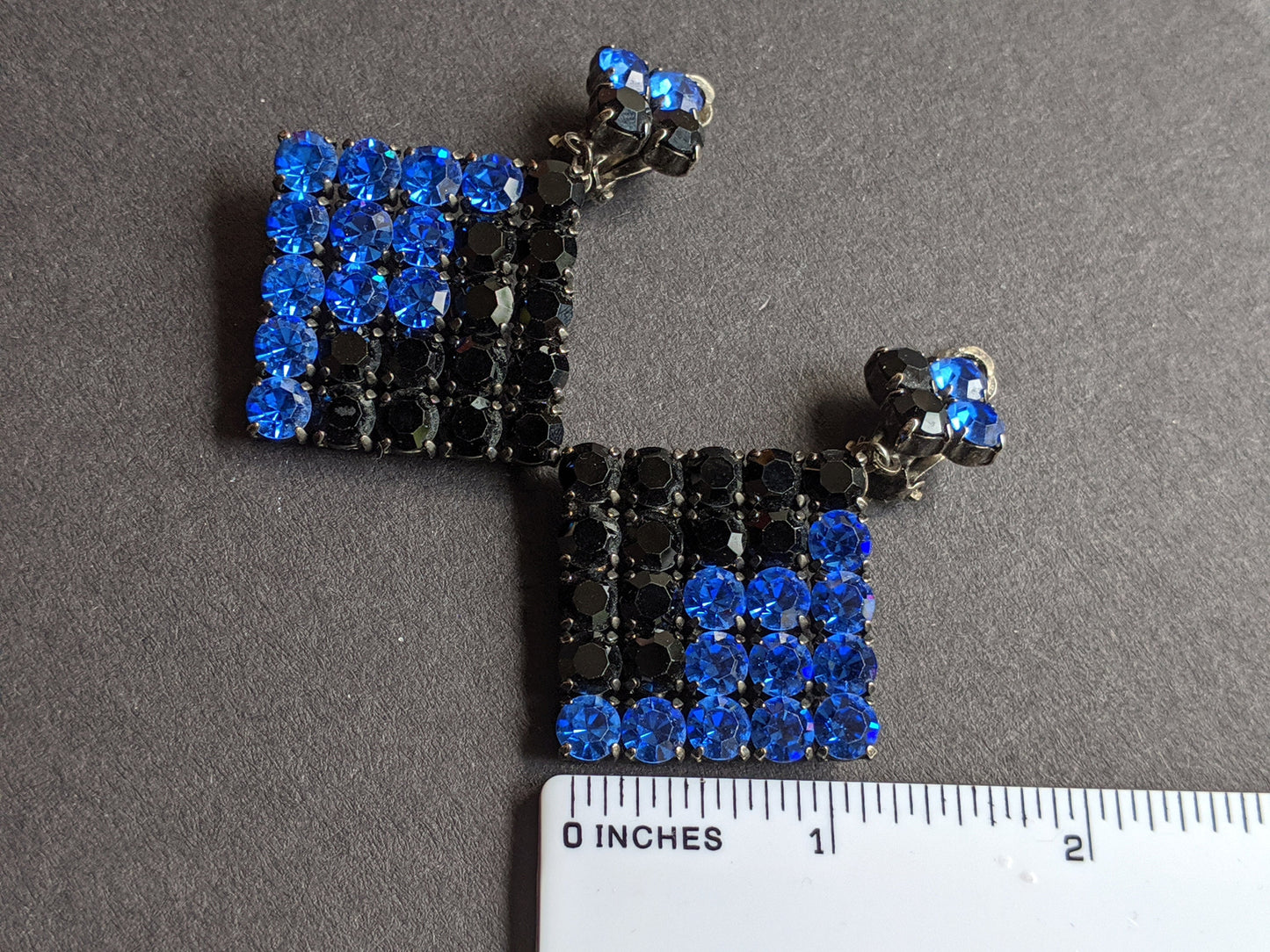 Vintage huge Butler and Wilson 1980s signed B&W electric blue and black rhinestone and darkened silver tone statement clip on earrings