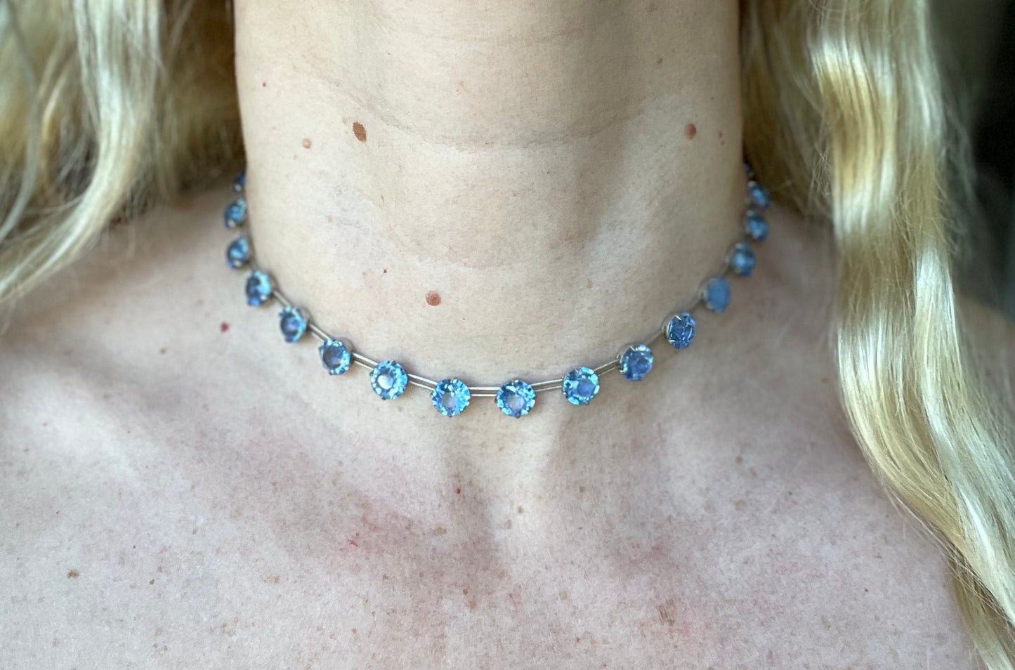 Vintage sterling silver Art Deco sapphire blue chaton cut crystal rhinestone riviere necklace bezel set, open backed, by W H Collins