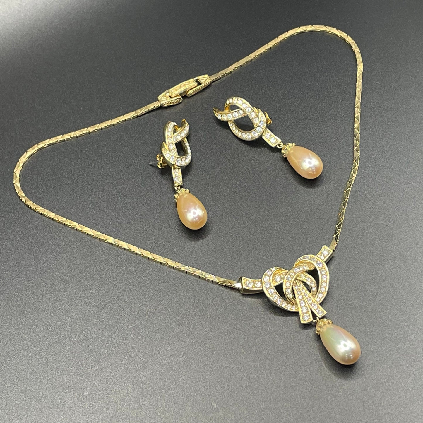 Vintage Attwood and Sawyer (A&S) signed faux pearl drop, rhinestone and 22ct gold plated necklace and earrings set, earrings for pierced ears