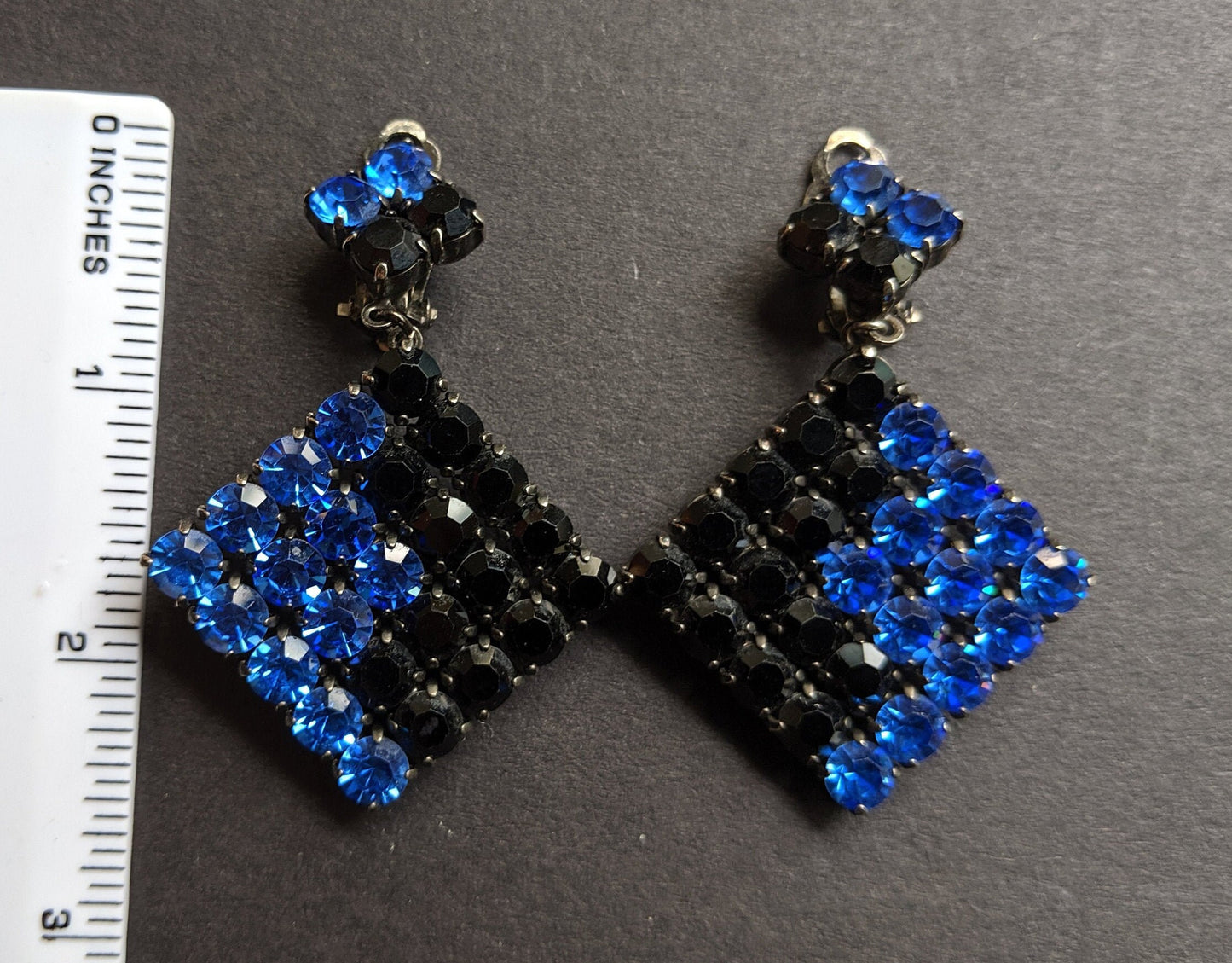 Vintage huge Butler and Wilson 1980s signed B&W electric blue and black rhinestone and darkened silver tone statement clip on earrings