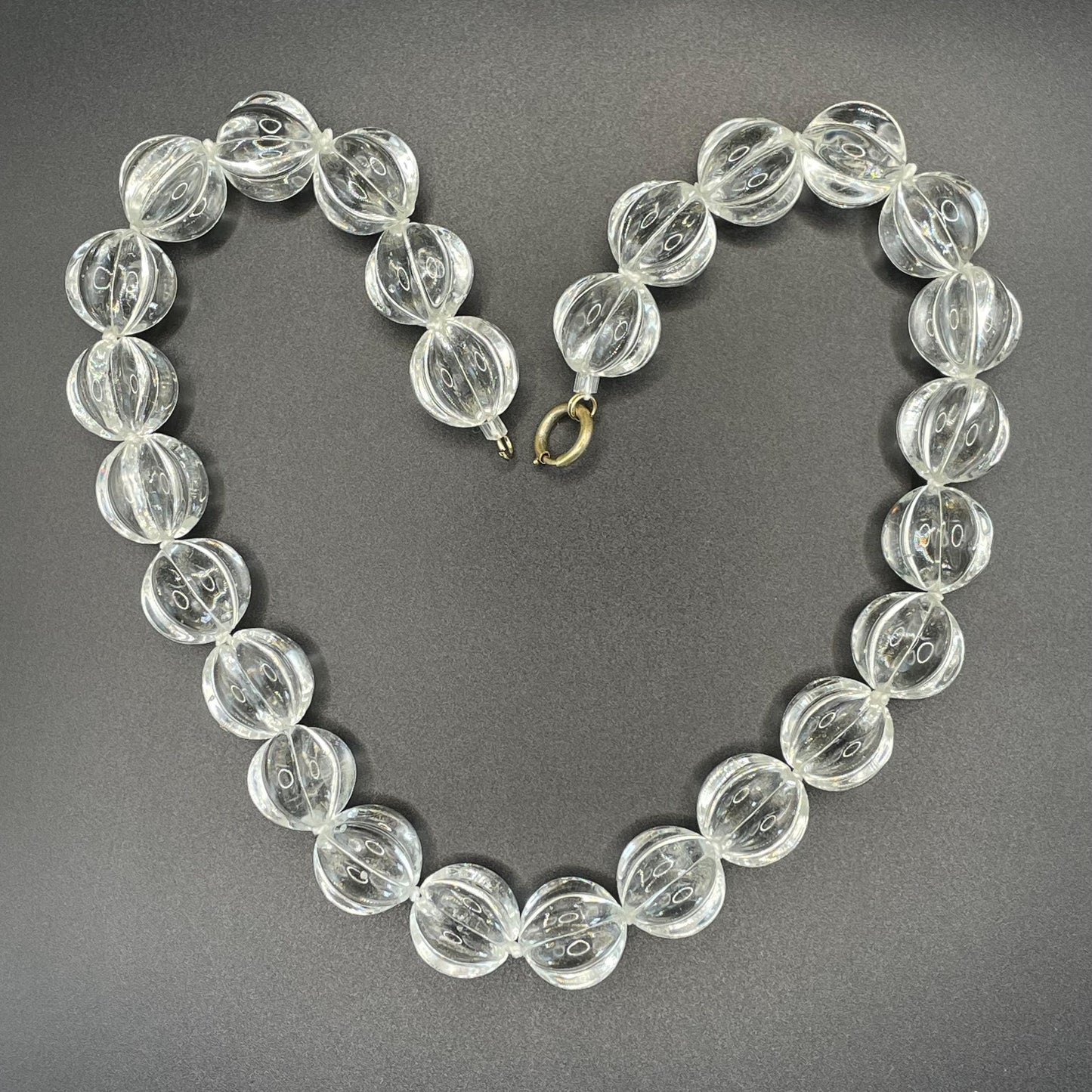 Vintage heavy Art Deco carved rock crystal or poured glass melon / pumpkin bead necklace, hand knotted, beautiful large beads
