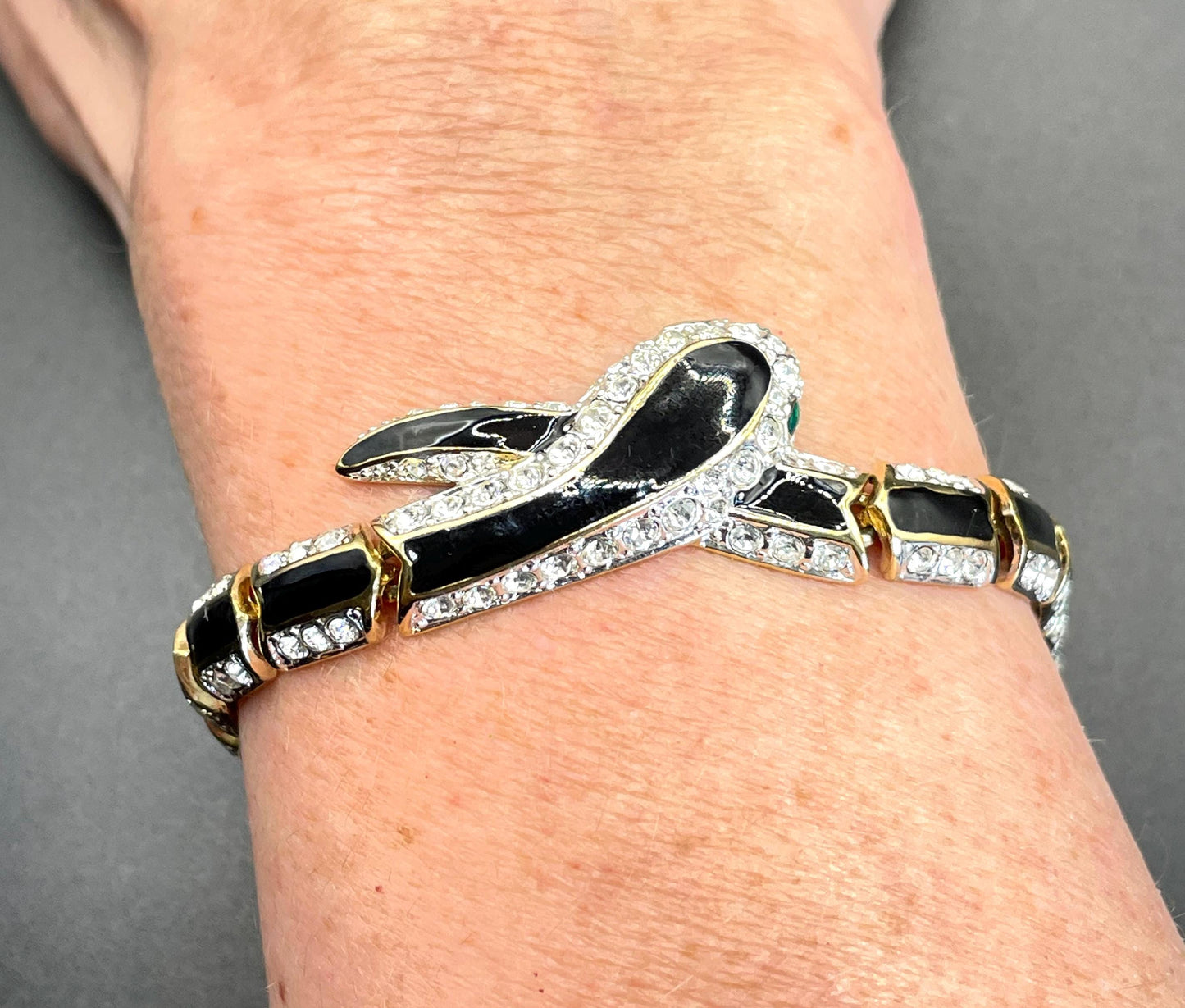 Vintage snake necklace and bracelet set, 22ct gold plated with clear rhinestone, black green enamel, unsigned Attwood and Sawyer A&S, fabulous quality 1980s style