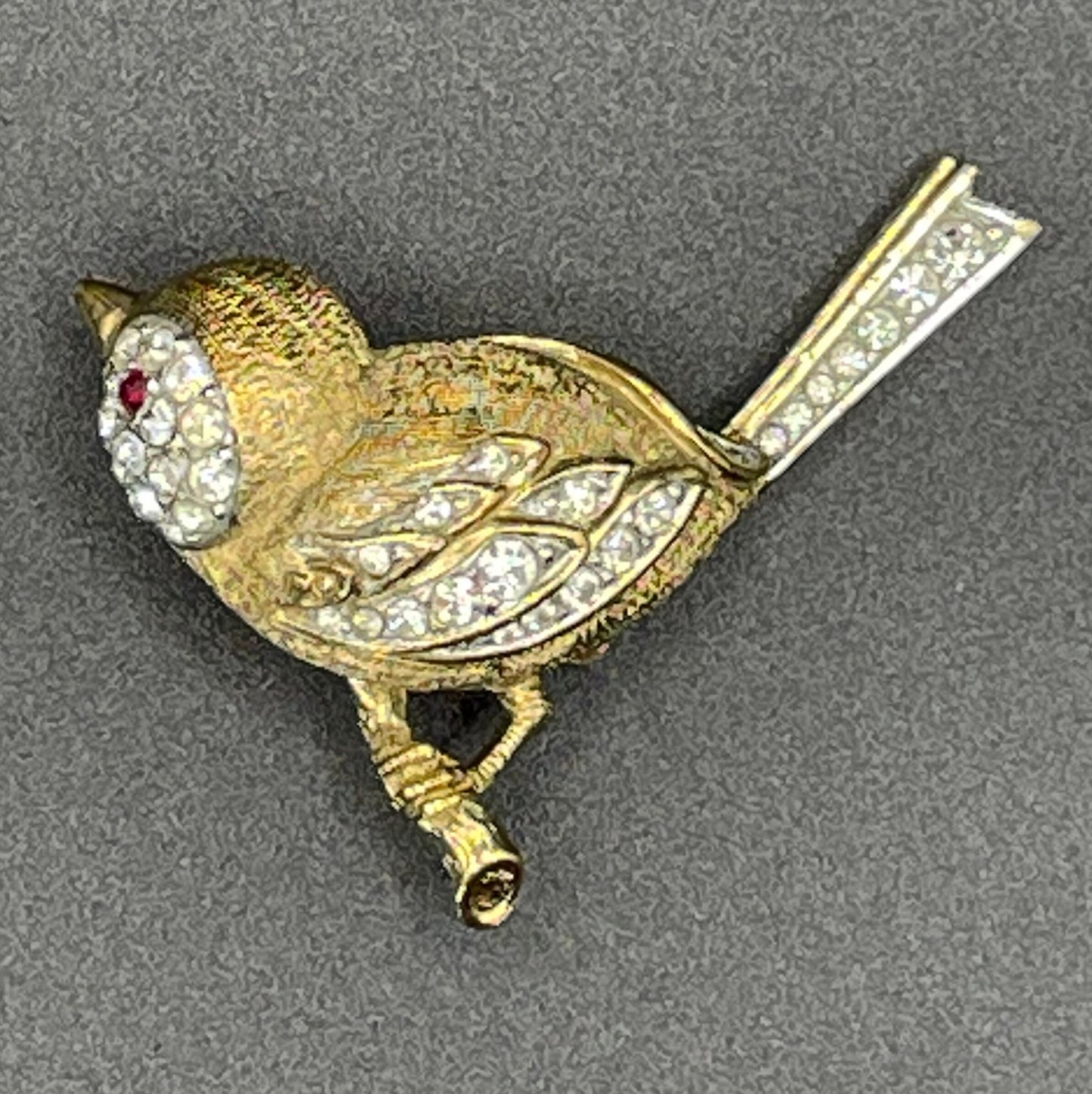 Vintage signed Attwood and Sawyer (A&S) 22ct gold plated with clear and red rhinestone adorable wren bird brooch