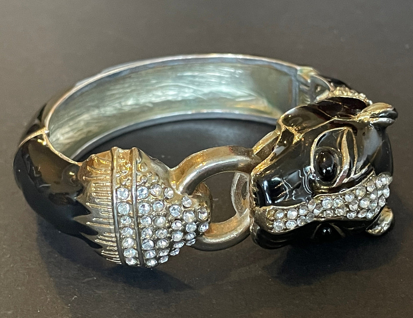 Large vintage leopard / panther bangle, gold tone, black enamel, rhinestones, very like Ciner foo dog or Kenneth Jay Lane bangles