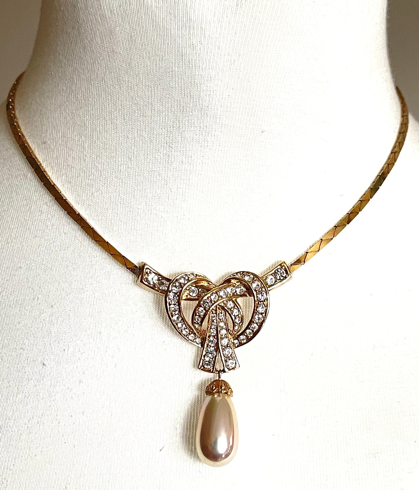 Vintage Attwood and Sawyer (A&S) signed faux pearl drop, rhinestone and 22ct gold plated necklace and earrings set, earrings for pierced ears