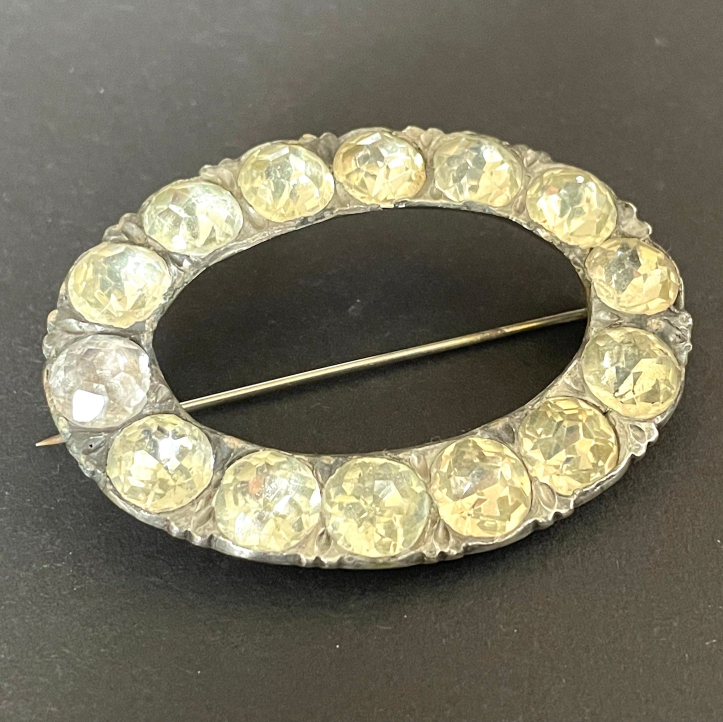 Large, heavy antique Georgian sterling silver, black dot clear paste rhinestone huge buckle brooch pin