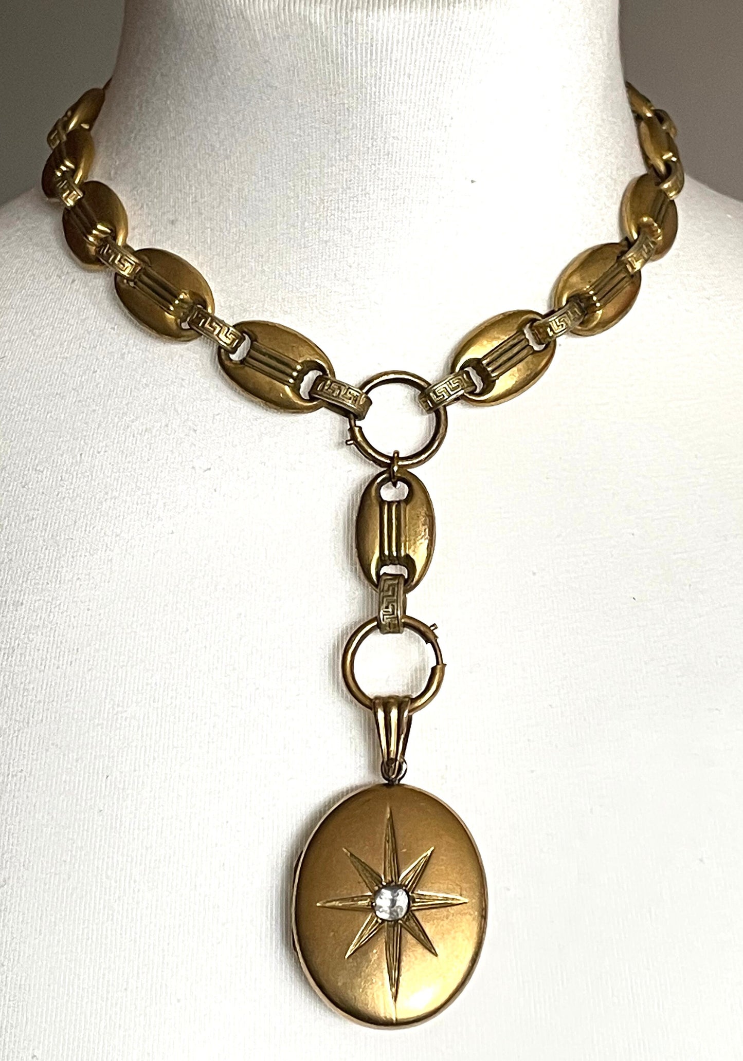 Antique Victorian gold plated or rolled gold heavy bookchain necklace with large oval locket, gypsy set with beautiful clear paste stone