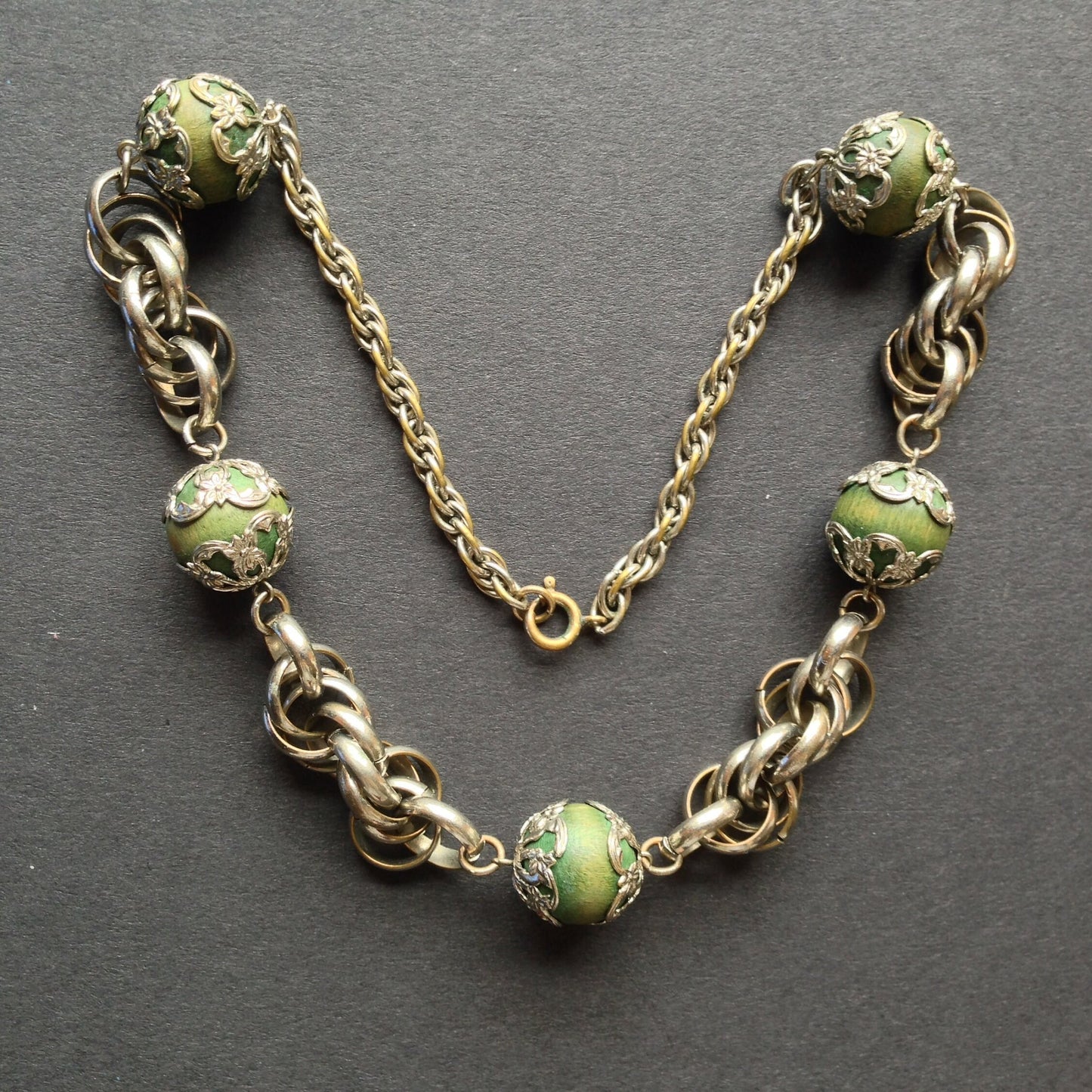 Vintage Art Deco machine age, chunky silver tone and green wood bead necklace - attributed to Jakob Bengel