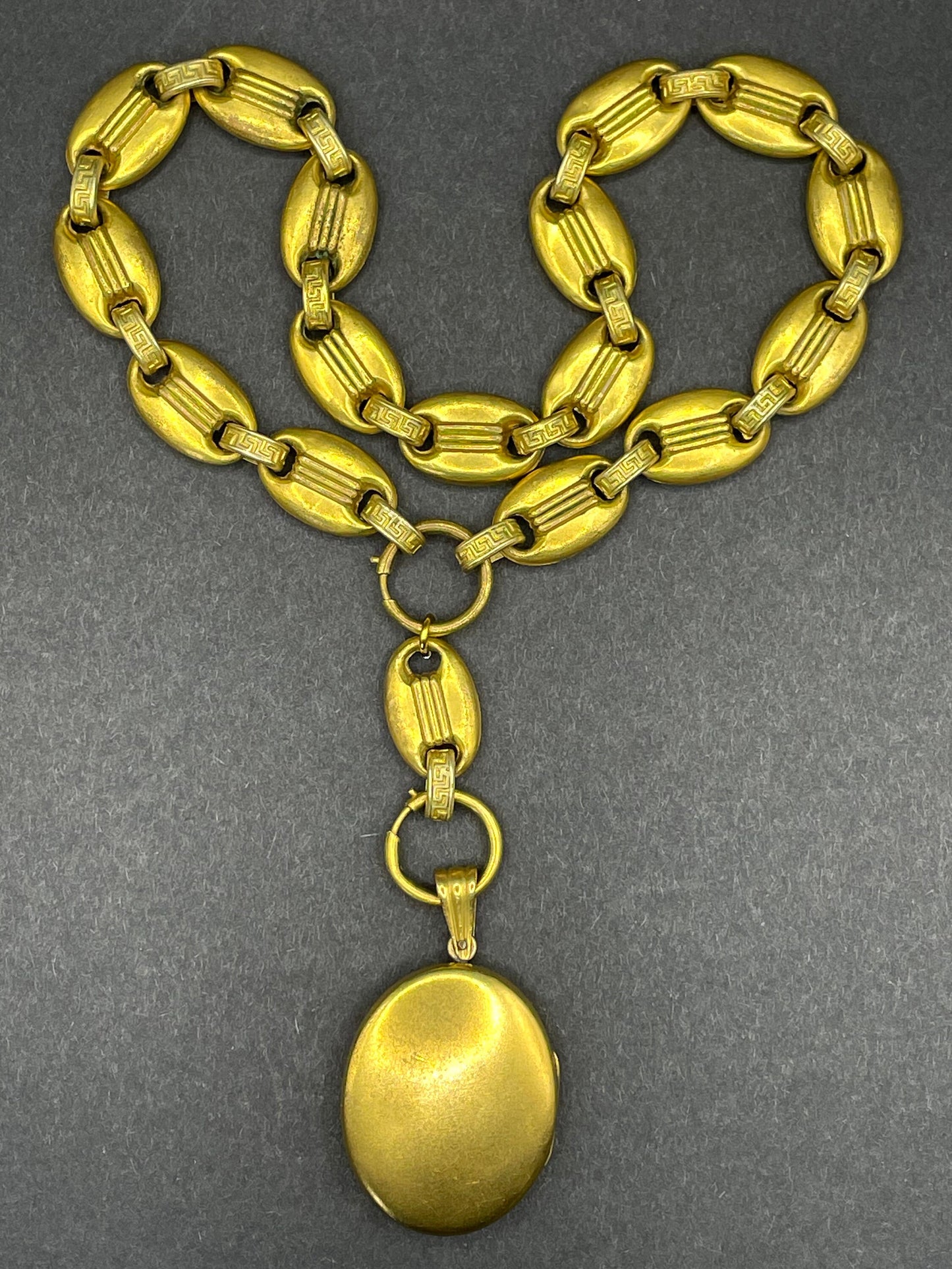 Antique Victorian gold plated or rolled gold heavy bookchain necklace with large oval locket, gypsy set with beautiful clear paste stone