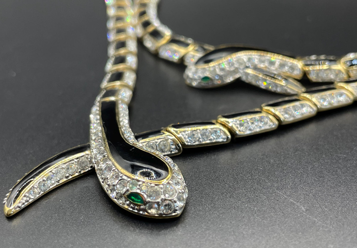 Vintage snake necklace and bracelet set, 22ct gold plated with clear rhinestone, black green enamel, unsigned Attwood and Sawyer A&S, fabulous quality 1980s style