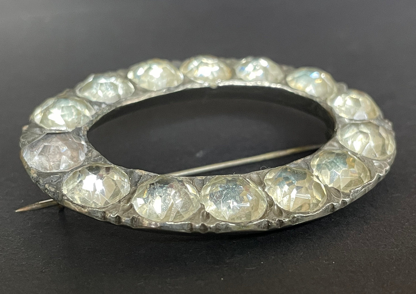 Large, heavy antique Georgian sterling silver, black dot clear paste rhinestone huge buckle brooch pin