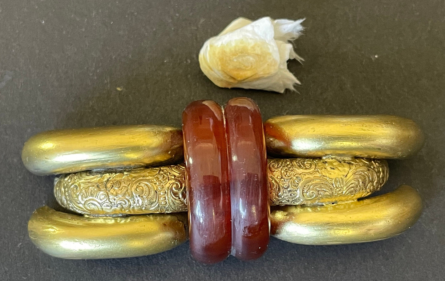 Large vintage rootbeer Bakelite (verified) and gold tone pinchbeck ? Art Deco machine age geometric brooch, classic 1930s design