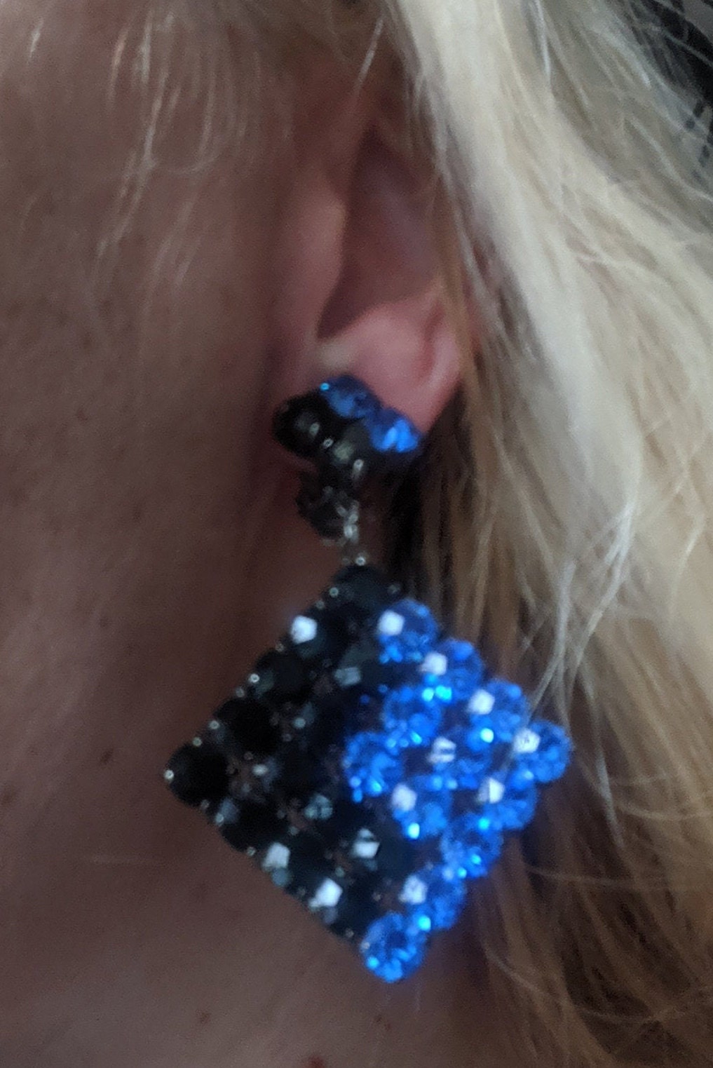 Vintage huge Butler and Wilson 1980s signed B&W electric blue and black rhinestone and darkened silver tone statement clip on earrings