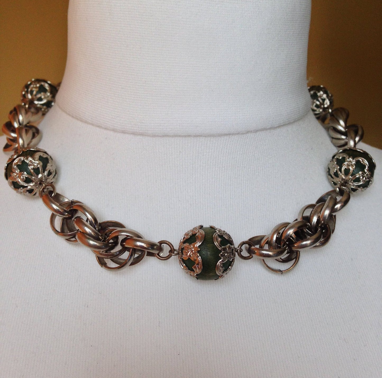 Vintage Art Deco machine age, chunky silver tone and green wood bead necklace - attributed to Jakob Bengel