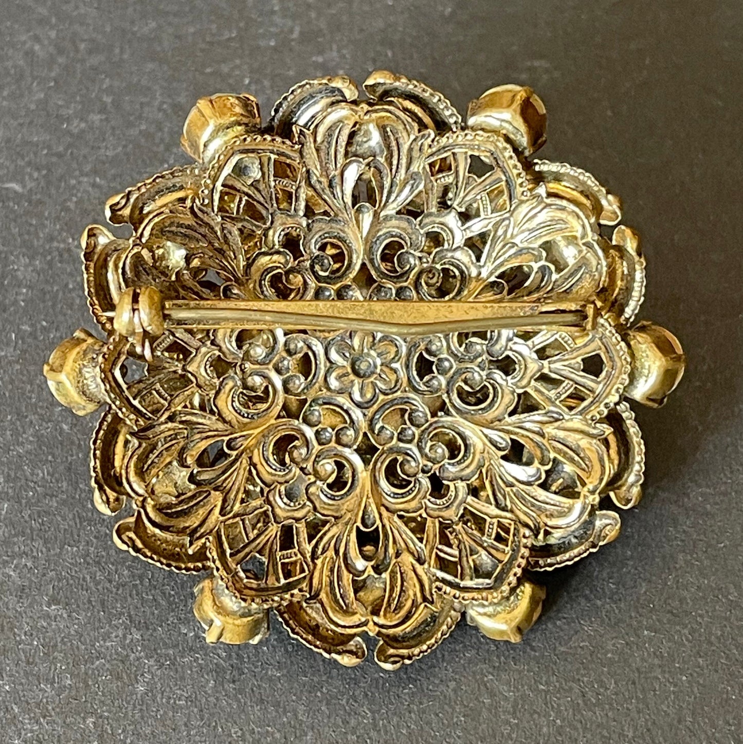 Large vintage Art Deco faux turquoise glass cabochon, clear paste rhinestone and gold tone filigree Czech flower brooch