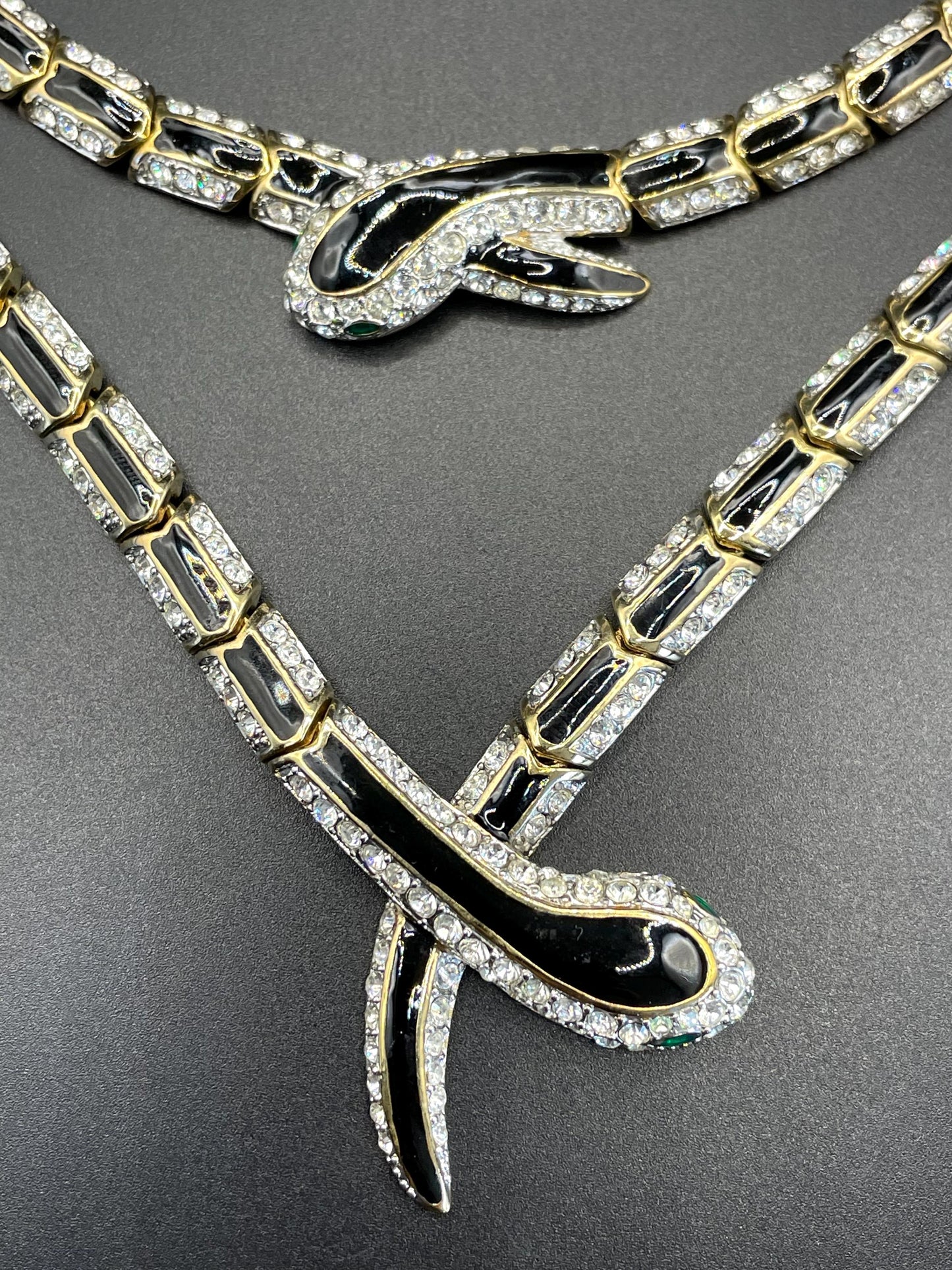 Vintage snake necklace and bracelet set, 22ct gold plated with clear rhinestone, black green enamel, unsigned Attwood and Sawyer A&S, fabulous quality 1980s style