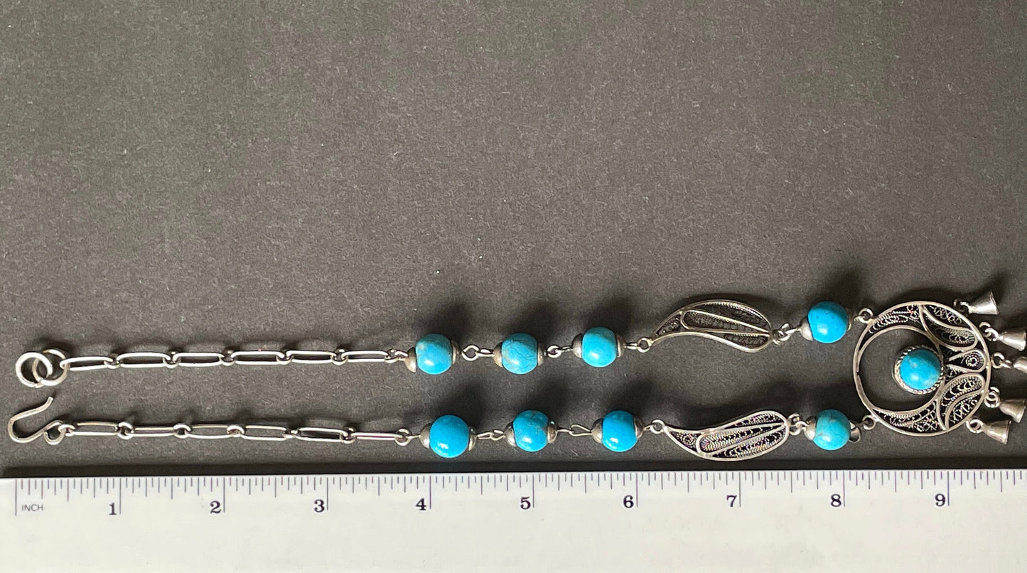 Vintage Indian sterling silver, real turquoise bead & filigree necklace, lovely fringe pendant with cabochon and paisley panels - Kashmiri?