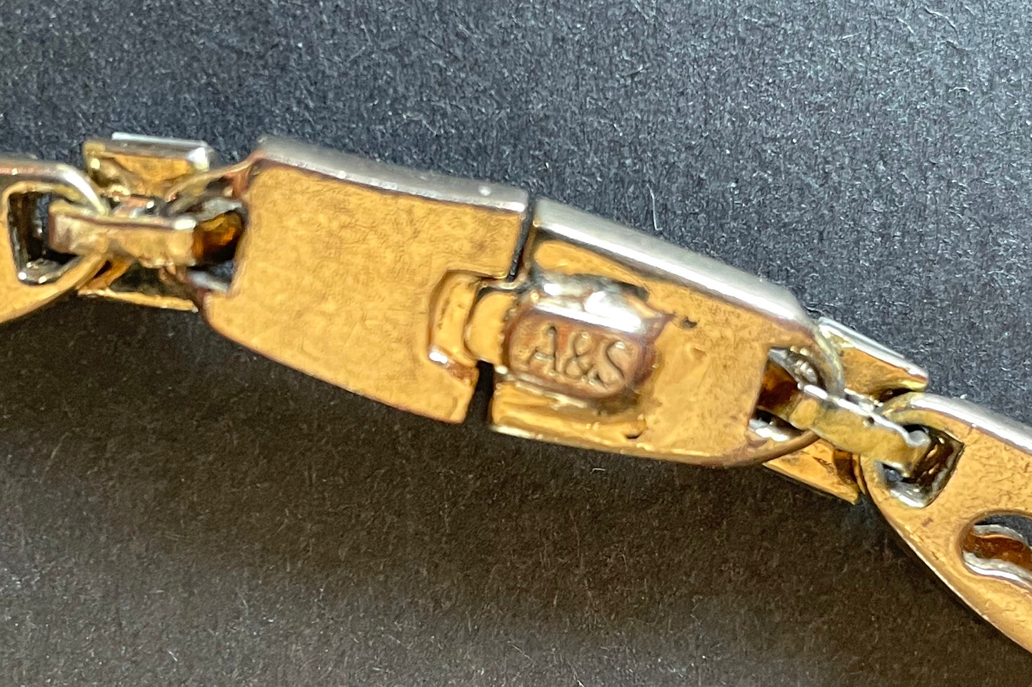 Vintage Attwood and Sawyer ( A&S ) signed antique style, ornate 22ct gold plated necklace, encrusted with clear rhinestones and cut-out design