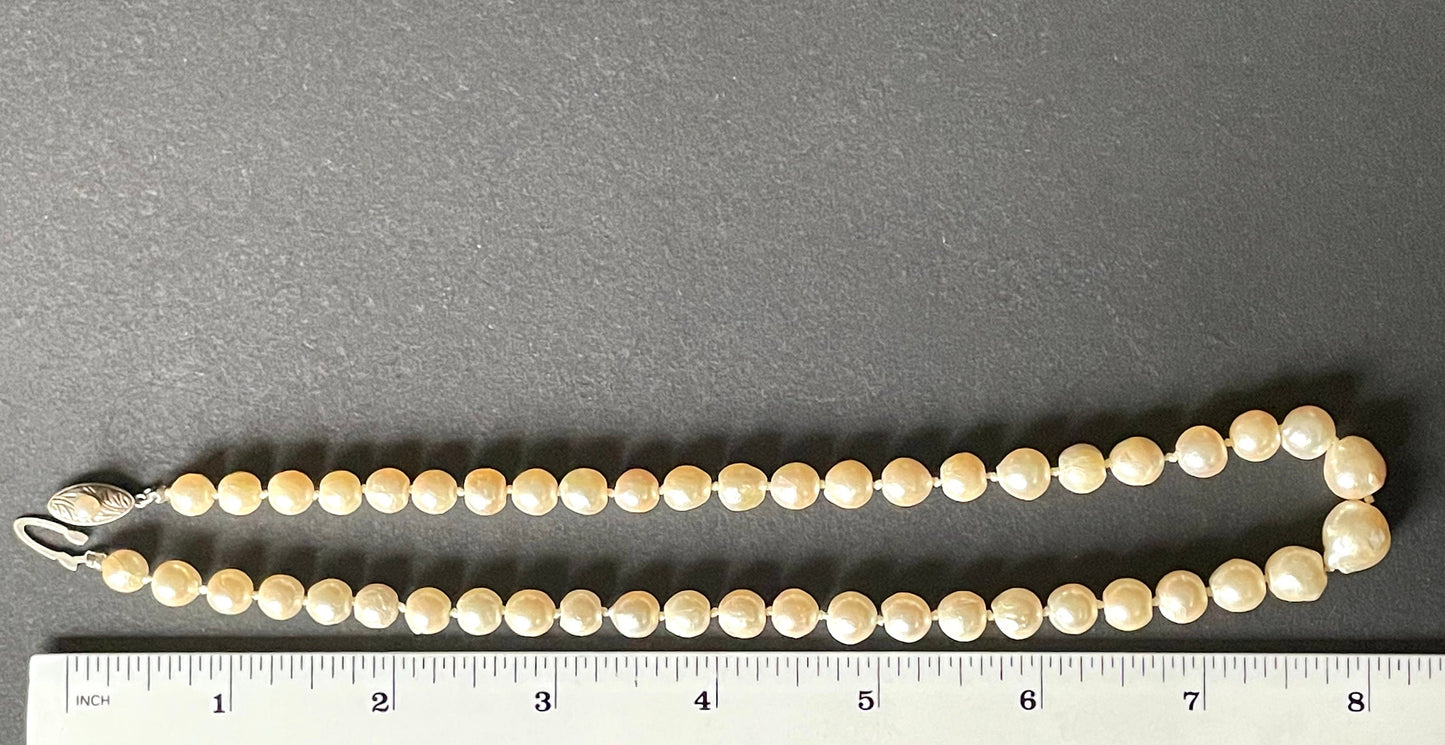 Antique real cultured baroque pearl necklace, large and graduated in size, hand-knotted, in jeweller's box, pretty sterling silver clasp 30 grams
