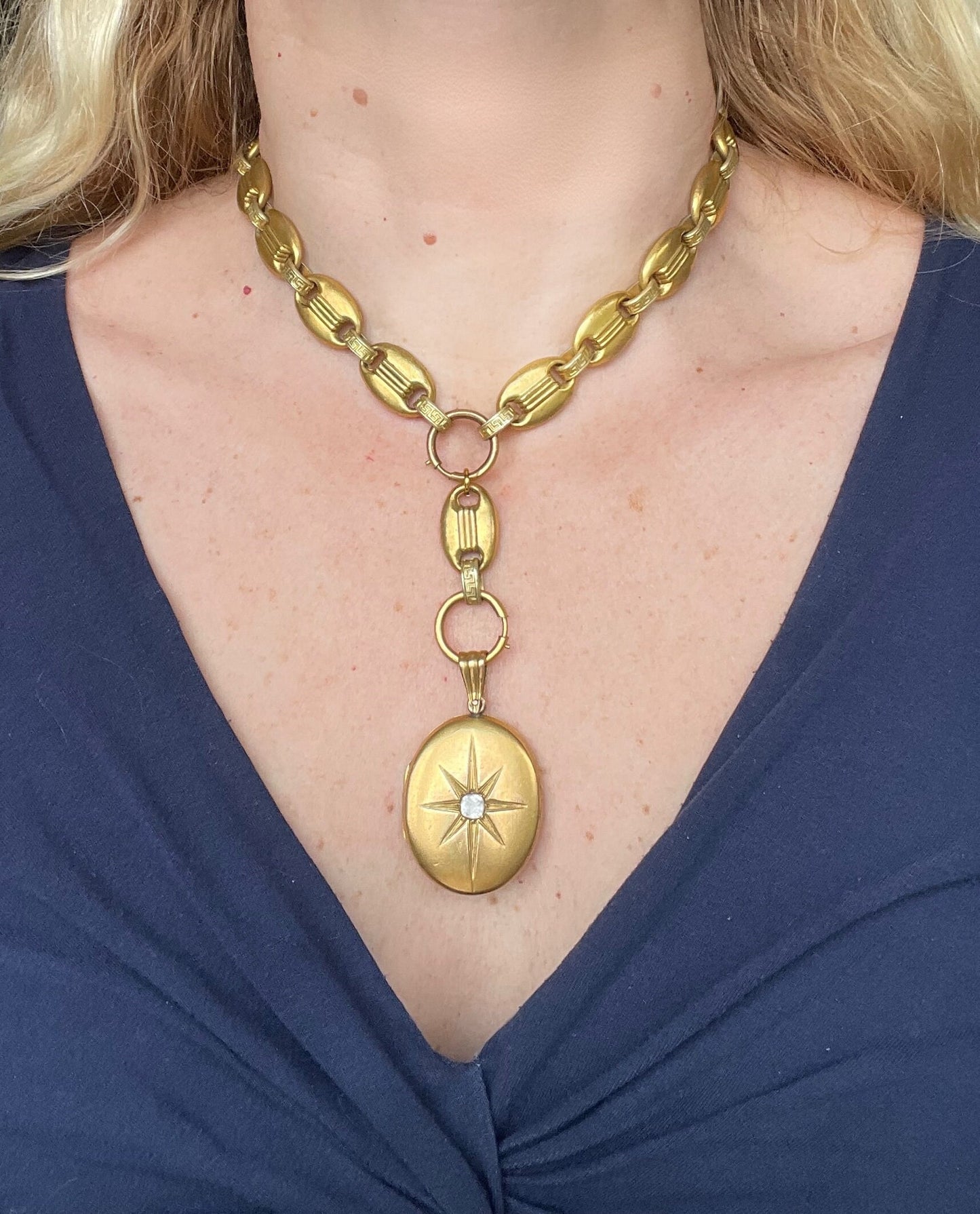 Antique Victorian gold plated or rolled gold heavy bookchain necklace with large oval locket, gypsy set with beautiful clear paste stone