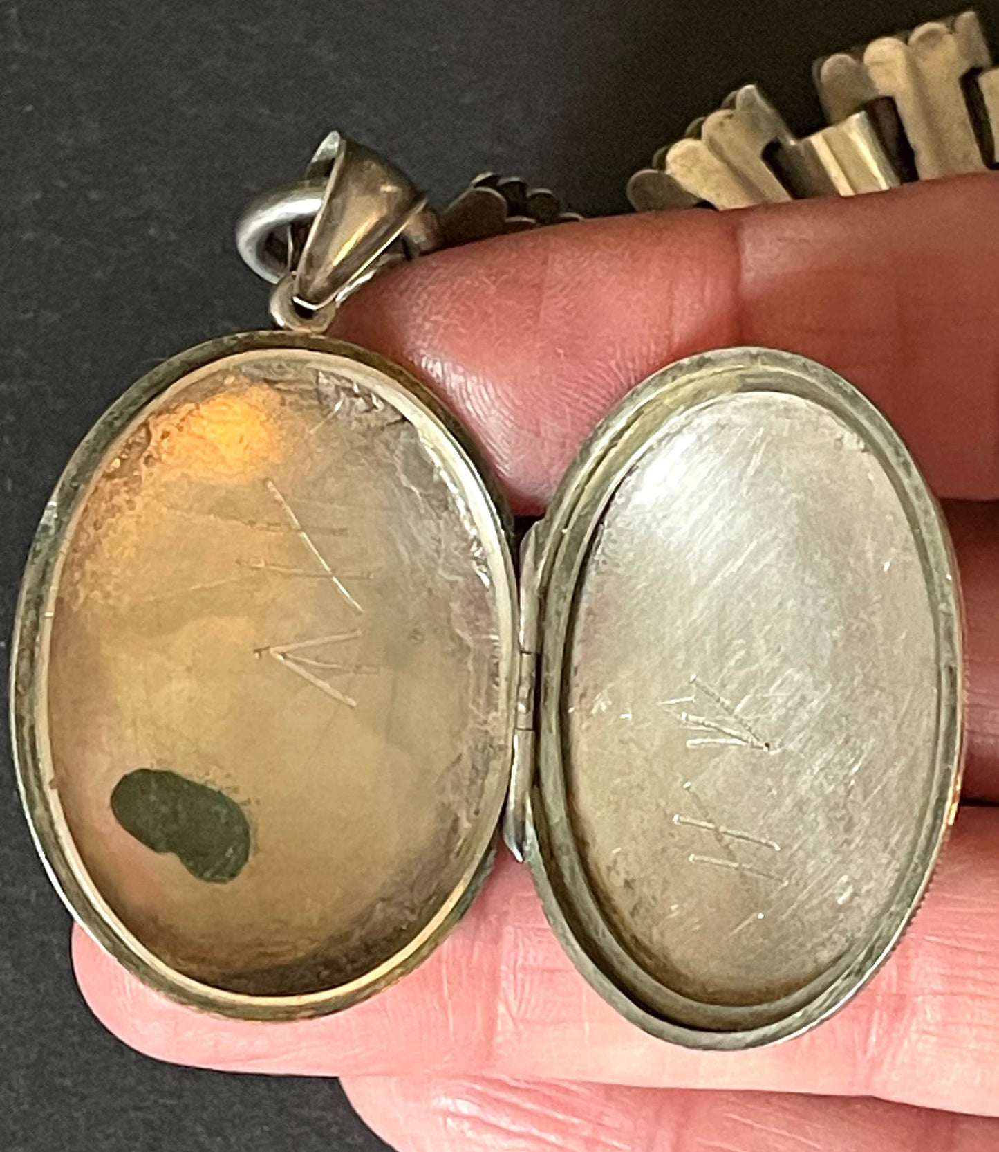 Antique Victorian sterling silver (tested) heavy bookchain necklace with large oval locket, beautiful engraving